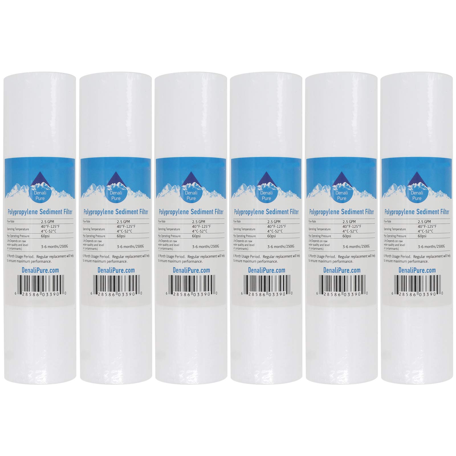 6-Pack Replacement for Vitapur VRO-5 Polypropylene Sediment Filter - Universal 10-inch 5-Micron Cartridge Compatible with Vitapur 5-Stage Reverse Osmosis System - Denali Pure Brand