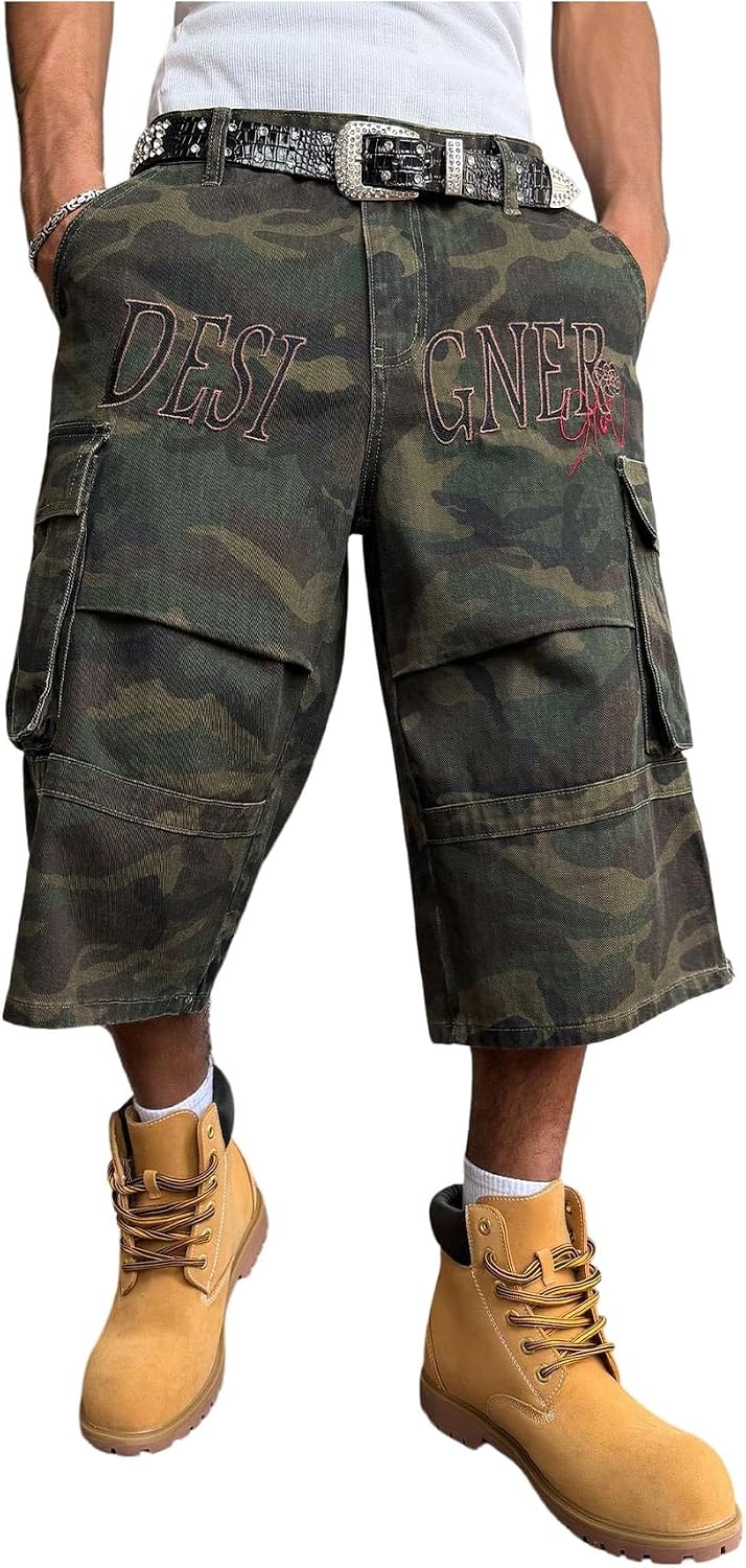WDIRARA Men's Camo Cargo Denim Shorts Capris Shorts Streetwear Jorts with Flap Pocket
