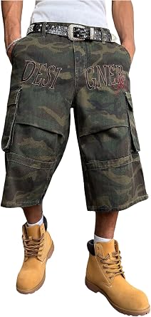 WDIRARA Mens Camo Jorts Cargo Denim Shorts Capris Shorts Streetwear with Flap Pocket
