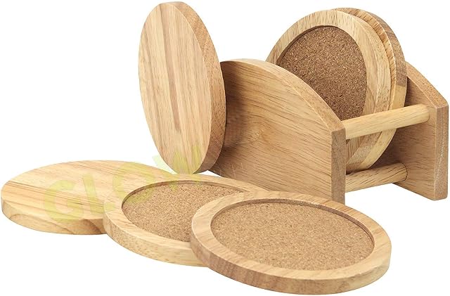 GLOW Set of 6 Drinks Coasters - Traditional Round Desk Top Natural Hevea Wood Coaster Set with Cork Inlay Includes Rubberwood Wooden Stand Display Holder Home Kitchen Office Table Eco Lightweight