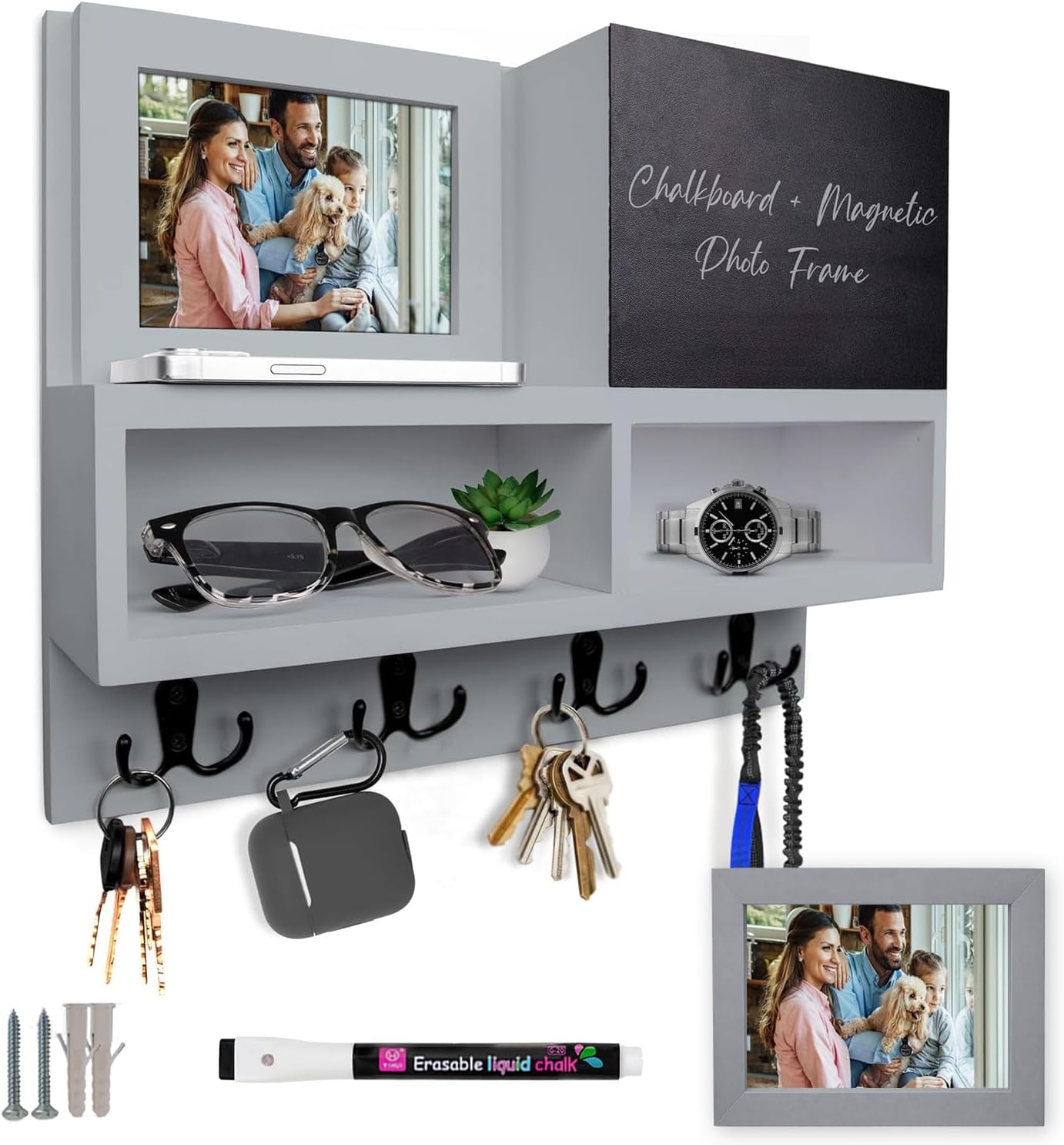 Spacelog Key and Mail Holder for Wall with Chalkboard – Magnetic Picture Frame Key Holder Wall Mount, Grey, Dual Storage & Cupboards