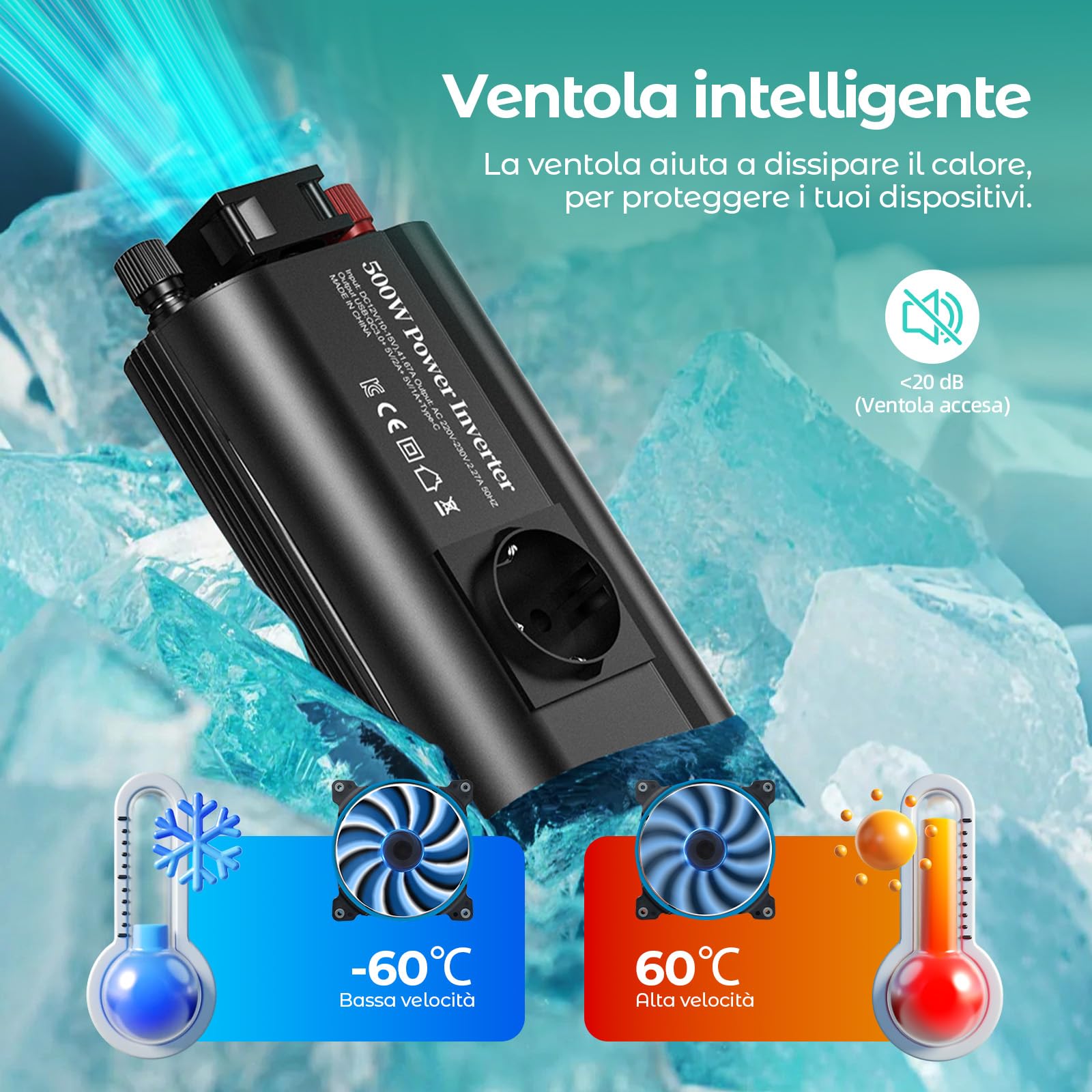 500W inverter 12v 220v, inverter auto con 1 presa, tipo C 30W, ricarica rapida USB 25W, 3 porte USB, display LED