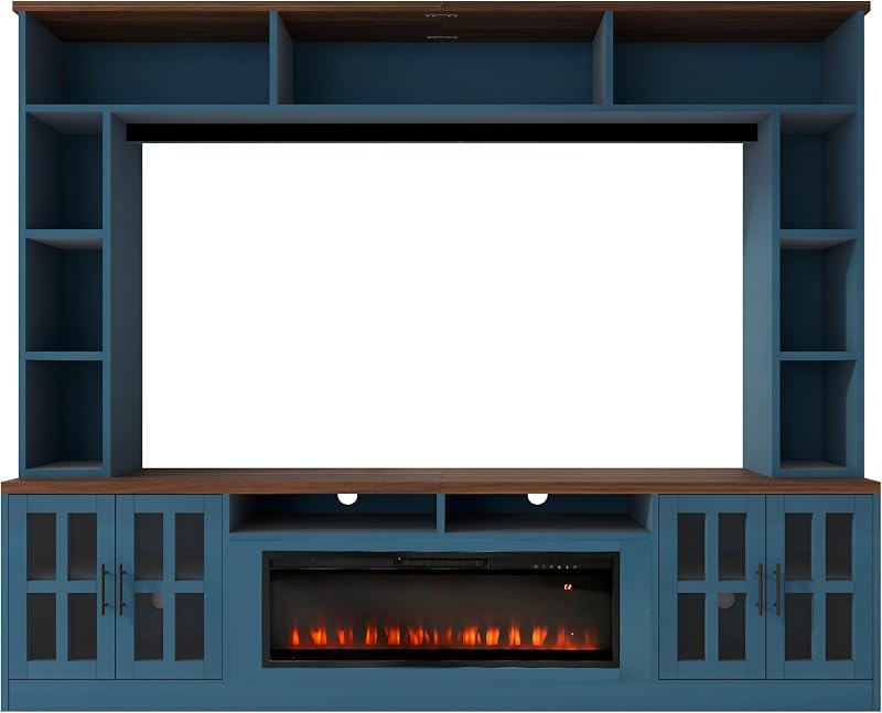 Fireplace Entertainment Center with Bookshelves & Bridge, 95.5" W Large Wall Unit TV Stand Media Console Cabinet for TVs up to 80’’, Navy Blue & Brown image 6
