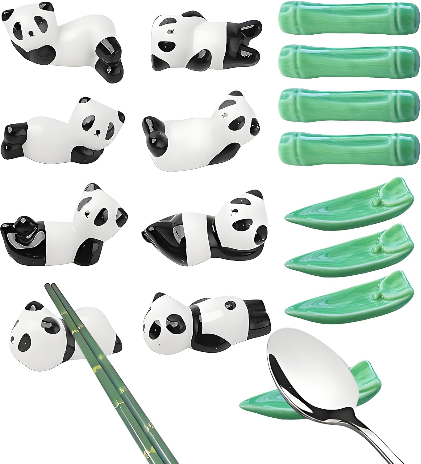 16 Pack Cute Chopsticks Rests Set, Chinese Paint Brush Holder, Japanese Style Ceramic Panda Bamboo Leaf Fine Porcelain Spoon Fork Knife Stands Rack for Dinner Tableware, Home Kitchen Gift