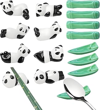 16 Pack Cute Chopsticks Rests Set, Chinese Paint Brush Holder, Japanese Style Ceramic Panda Bamboo Leaf Fine Porcelain Spoon Fork Knife Stands Rack for Dinner Tableware, Home Kitchen Gift