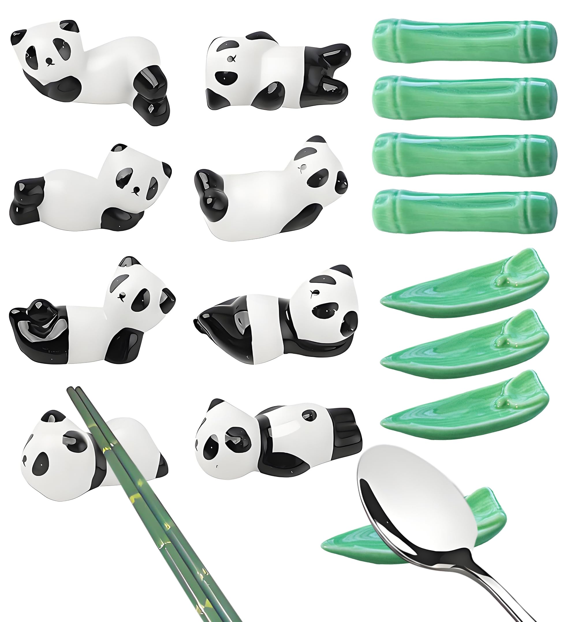 HOLLIHI 16 Pack Cute Chopsticks Rests Set, Chinese Paint Brush Holder, Japanese Style Ceramic Panda Bamboo Leaf Fine Porcelain Spoon Fork Knife Stands Rack for Dinner Tableware, Home Kitchen Gift