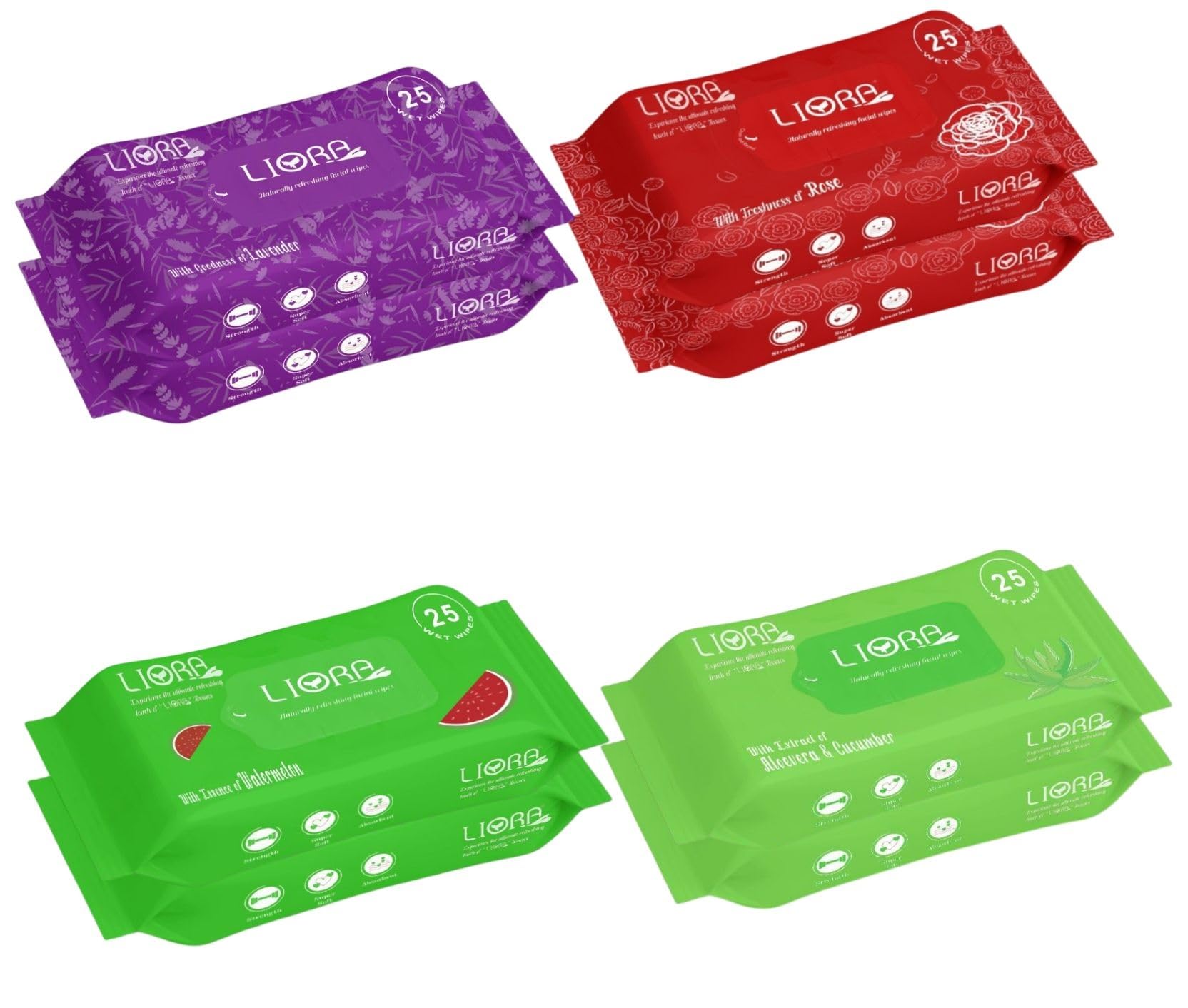 Liora Wet Wipes, Daily Cleansing Refreshing and Moisturizing Wet Facial Wipes - Rose, Lavender, Watermelon, Cucumber with Goodness of Aloevera, Antiacne (25 Count Each, Pack of 8)-image-15