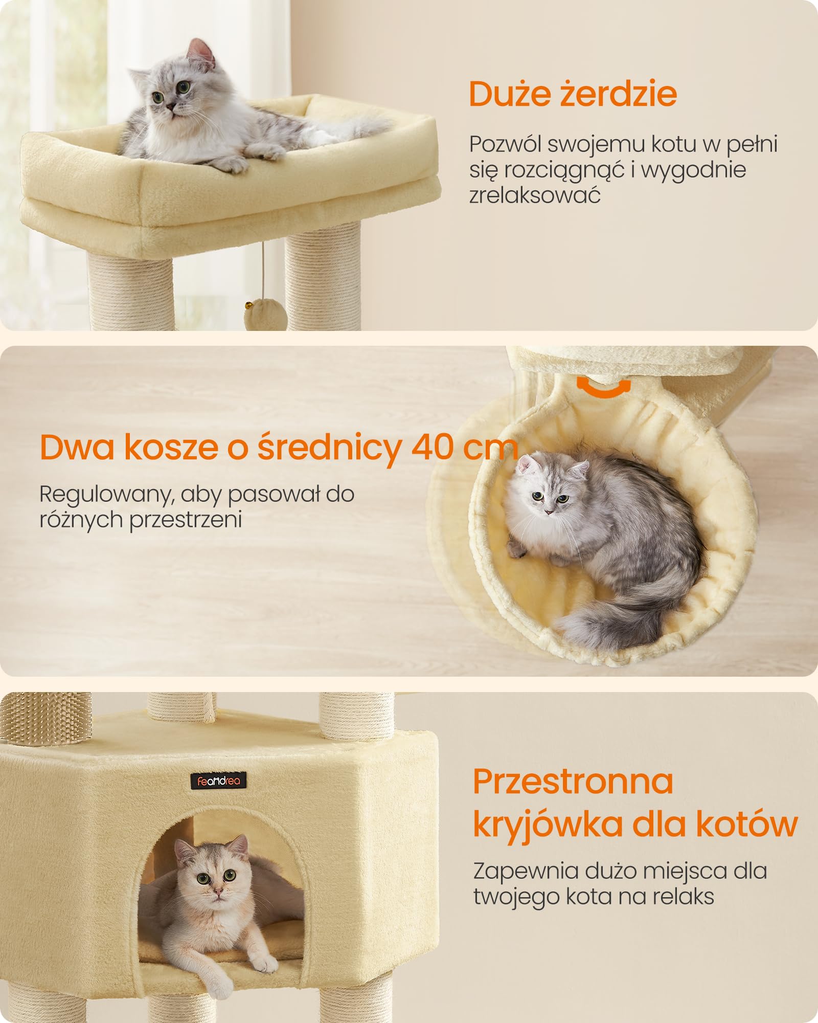 Feandrea Drapak dla kota z ciepłymi kocykami, dla dużych kotów, 2 szczotki kotów, pień o grubości 11,1 cm, duże platformy, jaskinia, 50 x 50 x 160 cm, piaskowo-beżowy PCT003Y01