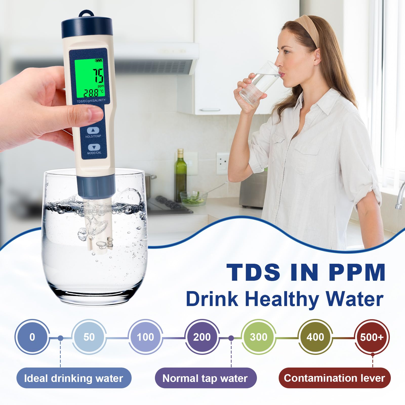 pH Mètre 5 en 1, Testeur de Qualité de l'Eau pour pH/TDS/EC/Salinité/Température, pH Mètre Numérique avec LCD Rétroéclairé et Étalonnage Automatique pour Eau Potable, Hydroponie, Piscine, Aquarium