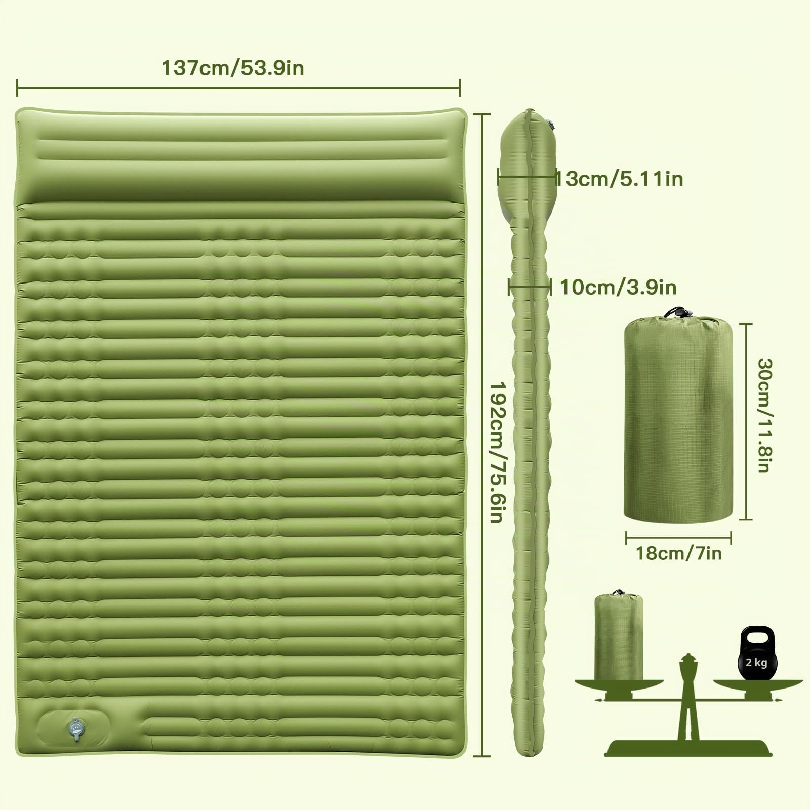Matelas Autogonflant,Matelas Camping,Matelas Gonflable 1 Place,12cm D'épaisseur,Matelas Trekking,Randonnée Ultra Léger,Portable avec Oreiller Int égré et Pompe à Pied (Vert 2 Place)