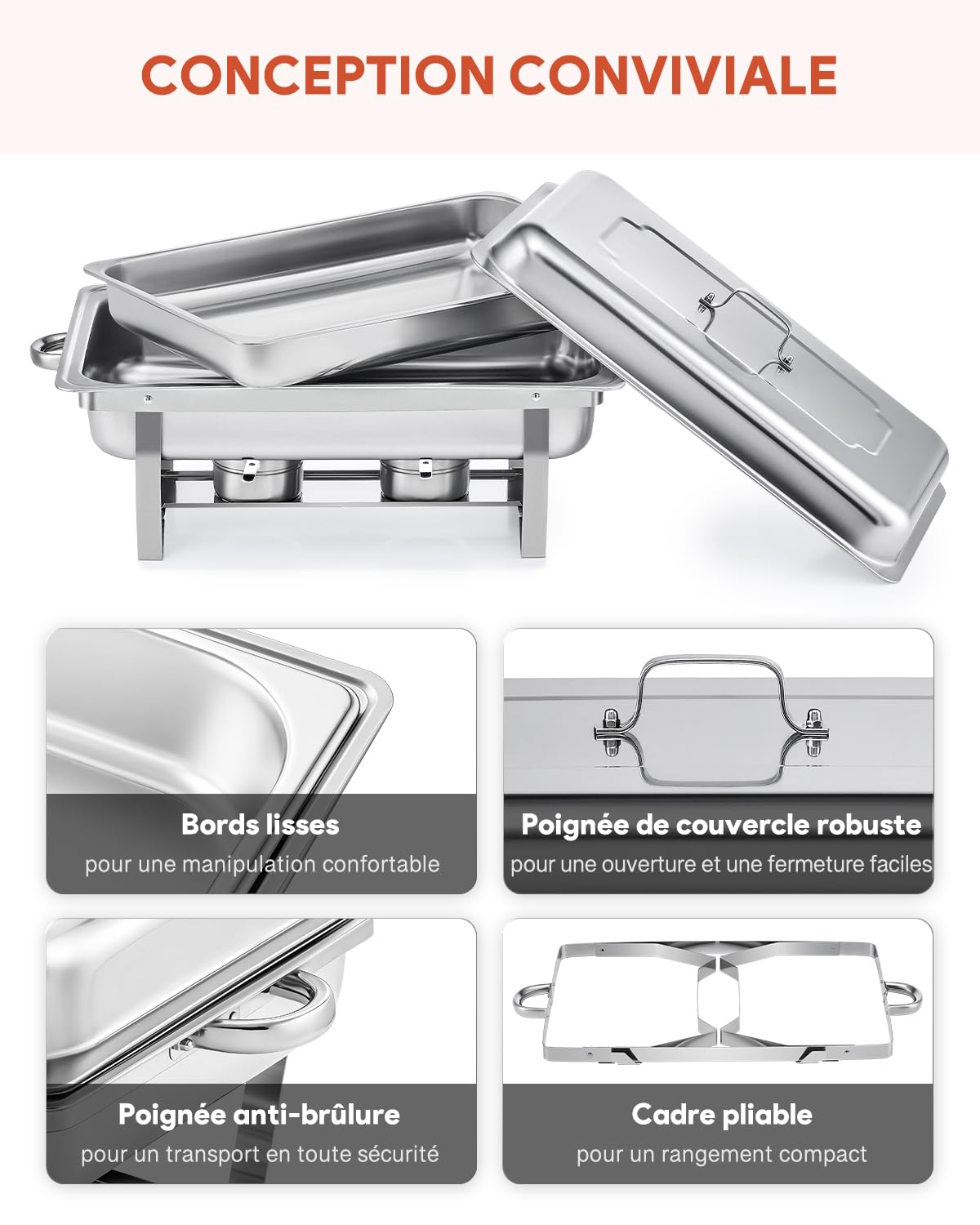 Wilprep Lot de 6 Chafing Dish 9L INOX Buffet Chauffant Chauffe-Plat en Acier Inoxydable Rectangulaire pour Buffet Restaurant Pique Nique (Lot de 6-1×GN1/1)