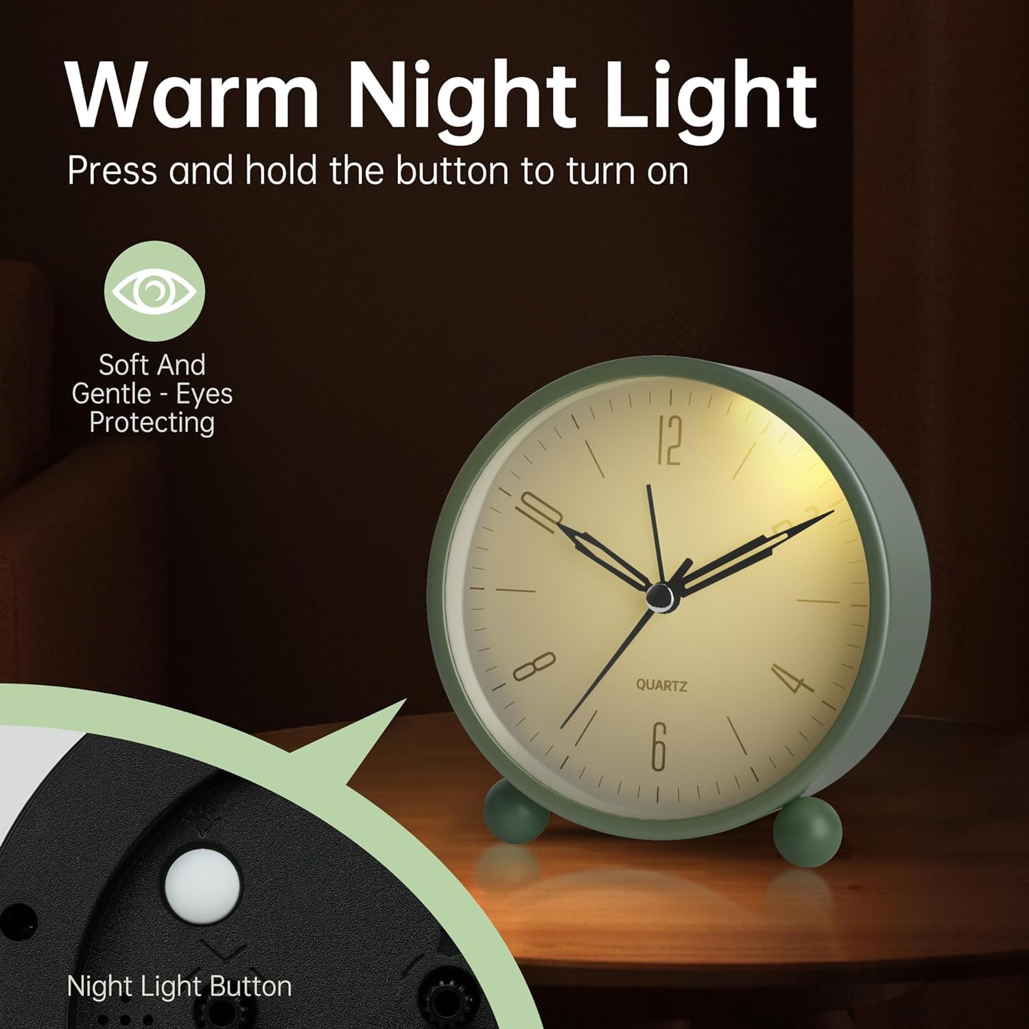 BROCCOLIN Silent Non-Ticking Analog Alarm Clock with Night Light - Battery Operated Minimalist Design for Bedroom, Bedside, Desk - Portable Plastic Clock (AA Battery) 2