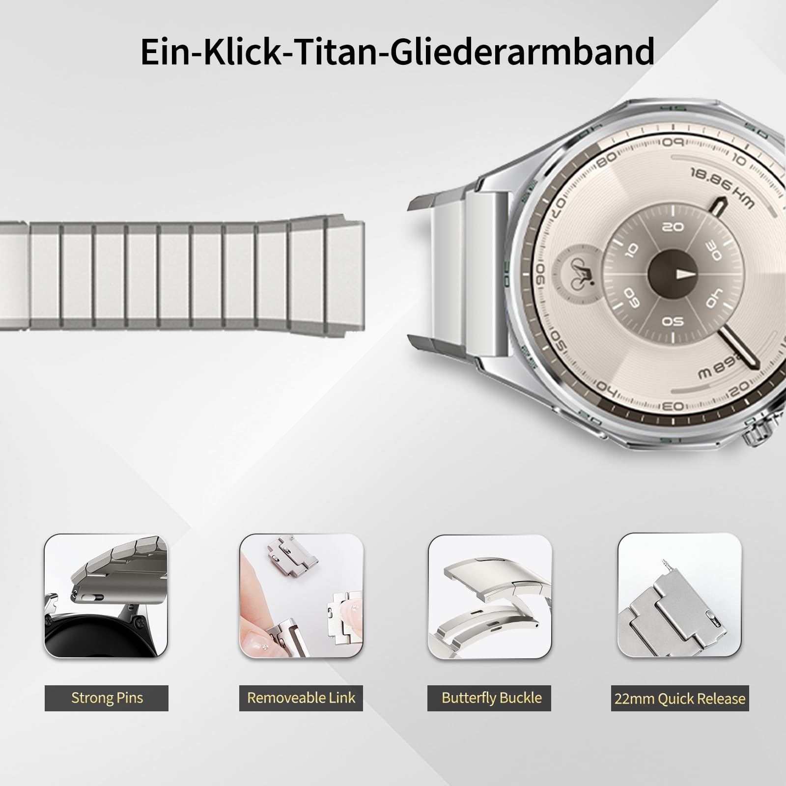 Titan Link Uhrband Kompatibel mit Huawei Watch GT 6 Pro Armband Metall GT 7 GT6 GT5 GT4 GT3 46mm Ultimate 22mm Metallarmband für GTR 4, Bip 6, Venu 2/3 / 4 45mm, Vivoactive 4 Band