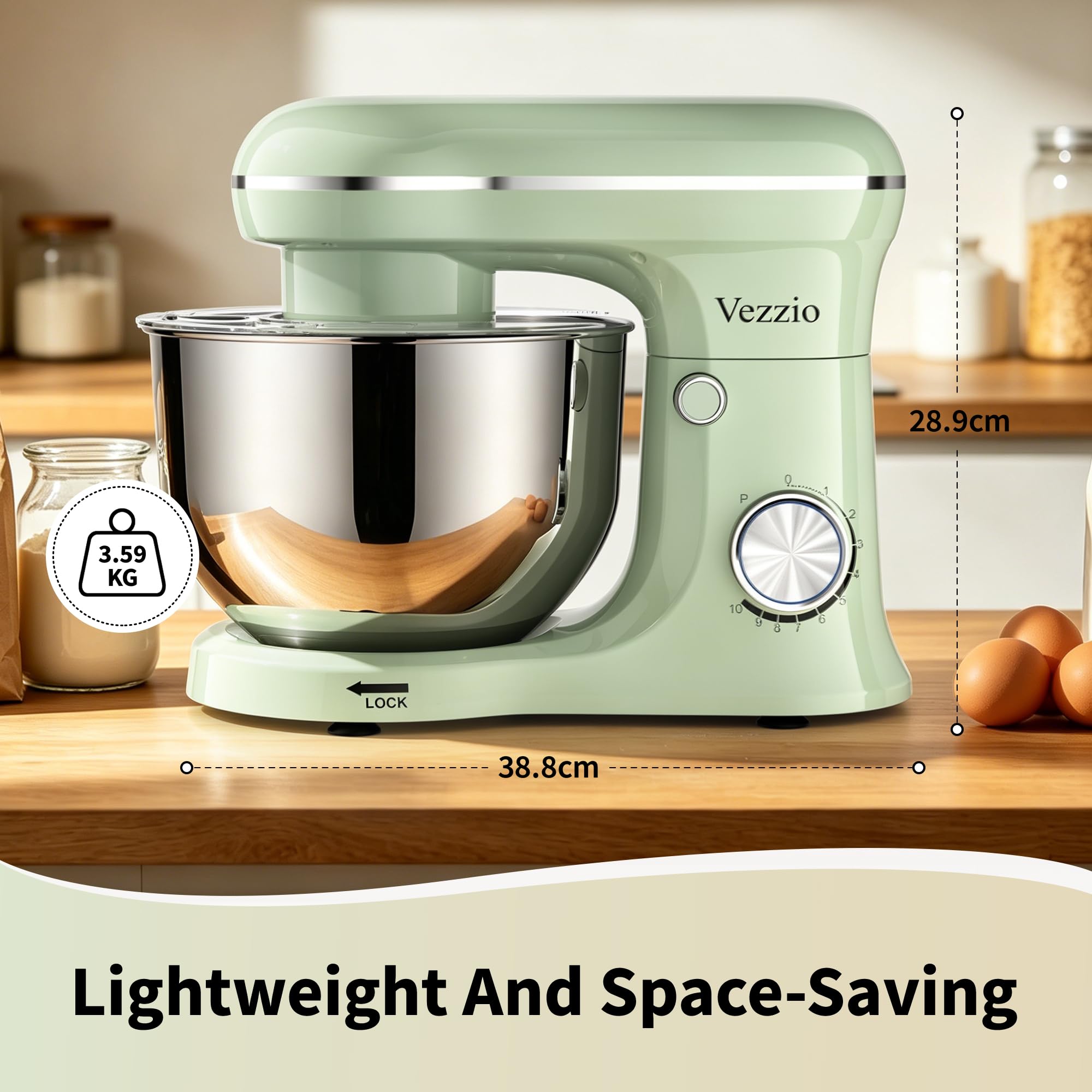 Vezzio Batidora Amasadora de Repostería 1500W, Doble Cuenco de Acero Inoxidable (5 QT y 6 QT), 10 Velocidades, con Batidor, Gancho y Varilla Plana, Ideal para Cocina y Repostería en Casa(Verde)