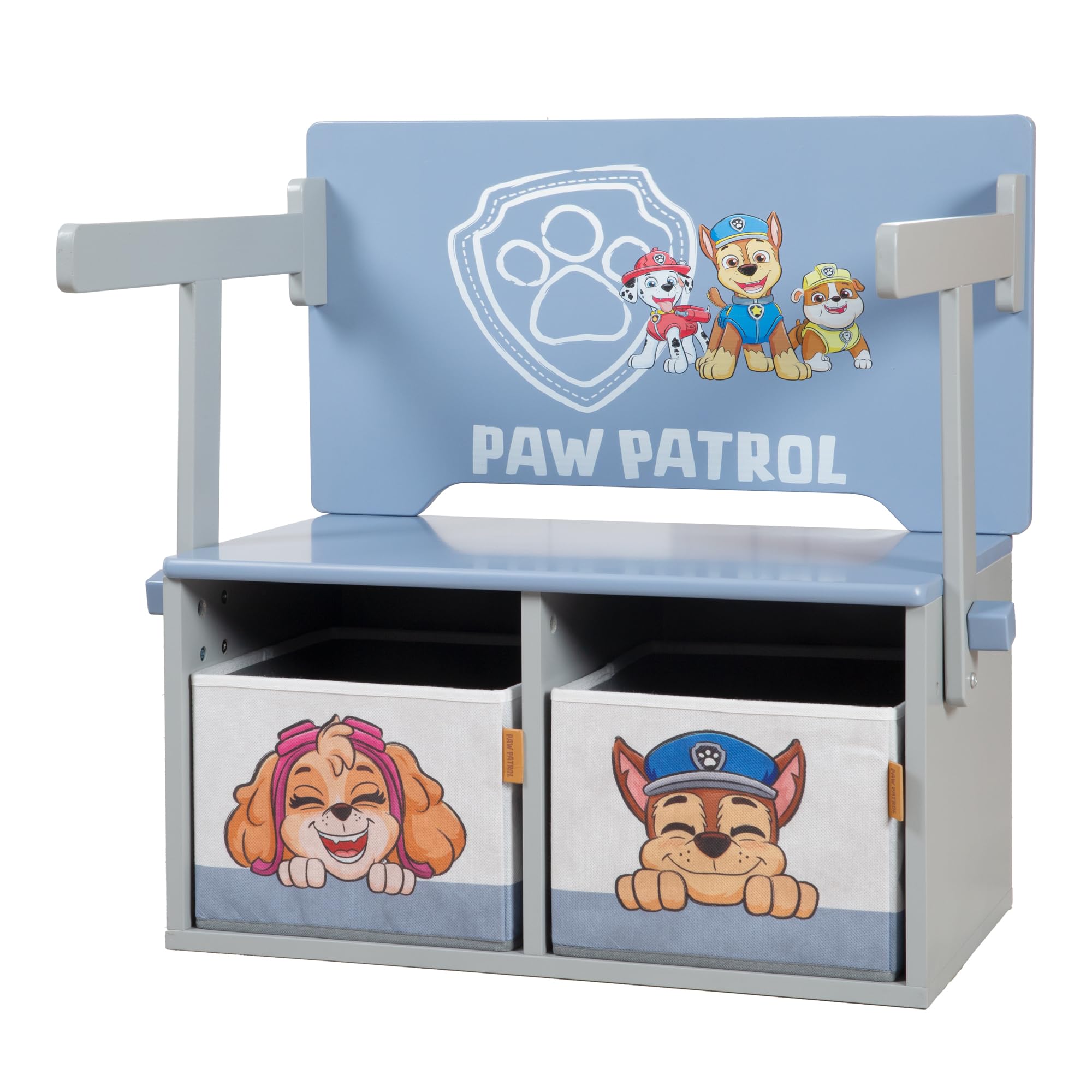 Paw Patrol Klappbare Sitzbank mit 2 Aufbewahrungsboxen, umbaubar zum Kindertisch, Holz grau/blau ab 18 Monaten