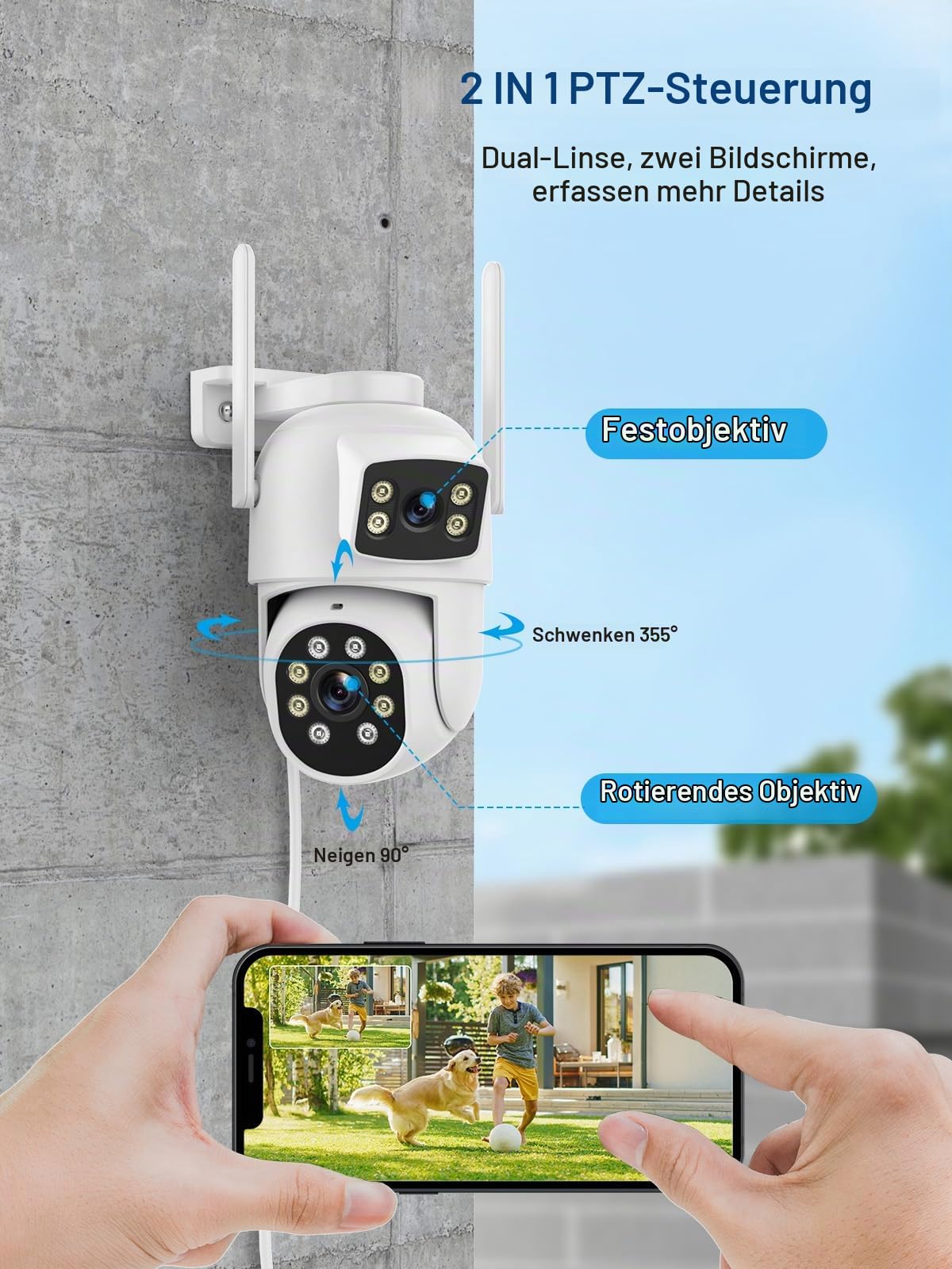 Reobiux 3K Überwachungskamera Aussen mit Doppelobjektiv, PTZ Outdoor WLAN IP Kamera Überwachung Außen mit Automatische Verfolgung, Farbiger Nachsicht, Zwei-Wege-Audio, IP66, 2 Stücke