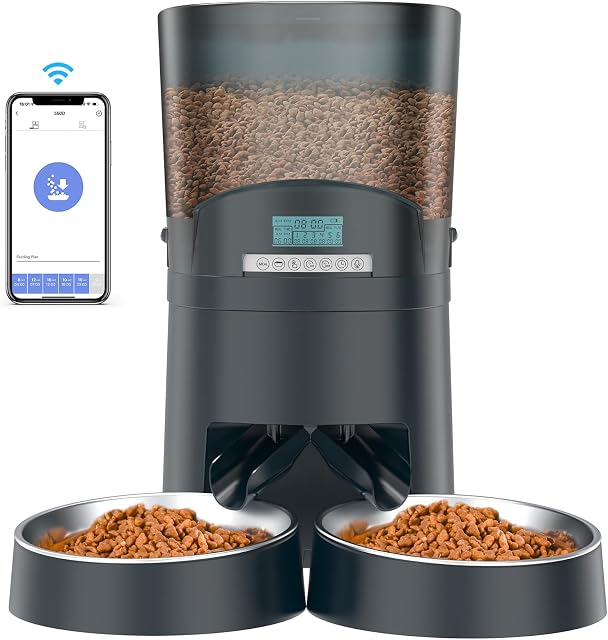 HoneyGuaridan Automatic Cat Feeder, 2.4G Wi-Fi Smart Pet Feeder Feed 2 Cats, 6.5L Timer Cat Food Dispenser with APP Control, Dessicant, Voice Recorder, 1-6 Meals a Day - for Cats & Small/Medium Dogs