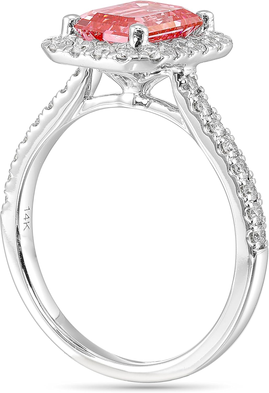 IGI Certified 2 1/2 Carat Emerald Cut Lab Grown Diamond Pink Halo Ring for Women I 14k White Gold Ring for Her Side Stones (G-H, VS1-VS2, 2.5 cttw) Anniversary Promise Ring Size 6 to 8 - Image 3