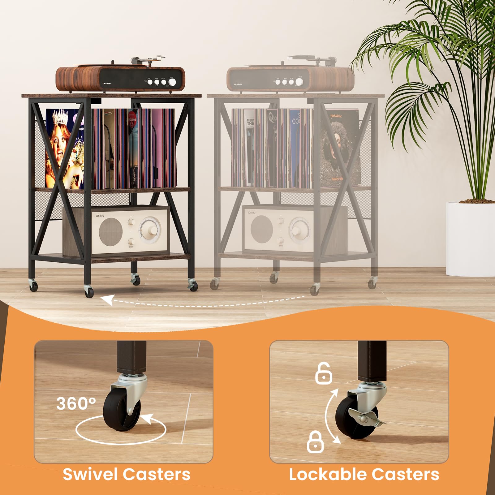 LIFEZEAL Mobile Giradischi e Porta Vinili, Supporto per Giradischi, Carrello con Ruote Bloccabbili per CD, Tavolino a 3 Ripiani per 250 Album, Legno+Metallo, Peso Max 90kg, 52x45x75 cm, Marrone