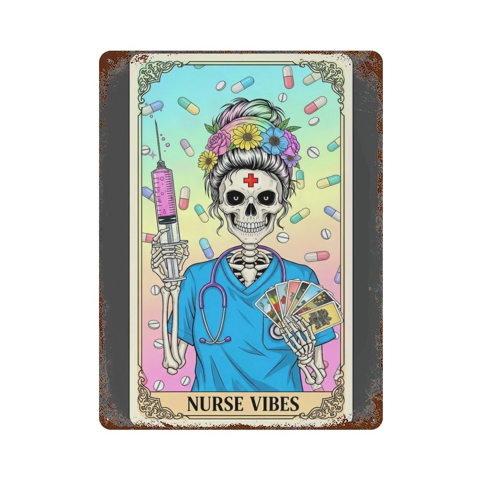 Nurse Vibes Skeleton Tarot Card Aged Metal Wall Plaque 15.7"x11.8", Decorative Metal Wall Art for Garage, Pub Or Kitchen