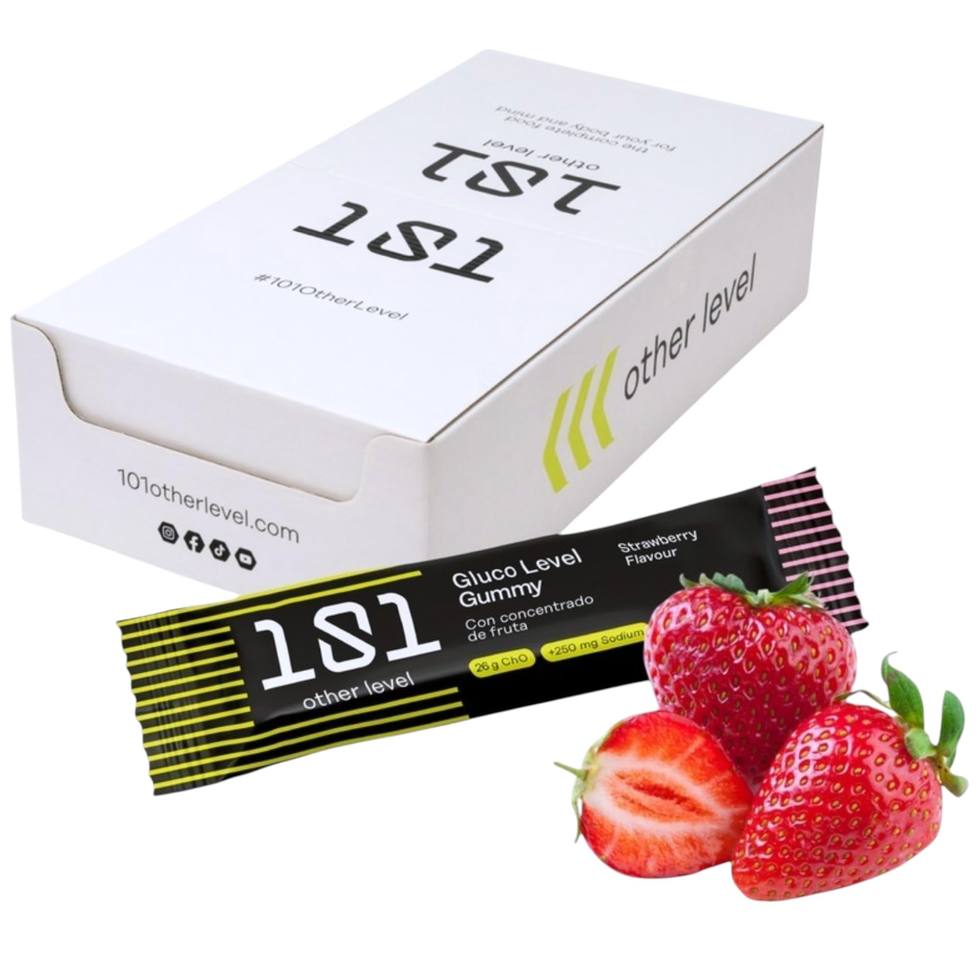 101 Other Level Barritas Energéticas Gummy Pack 30 Barritas de 40 gr - Sabor Fresa - Gominolas Deportivas de Carbohidratos para Ciclismo, Running y Trail - Energía Rápida y Fácil Digestión