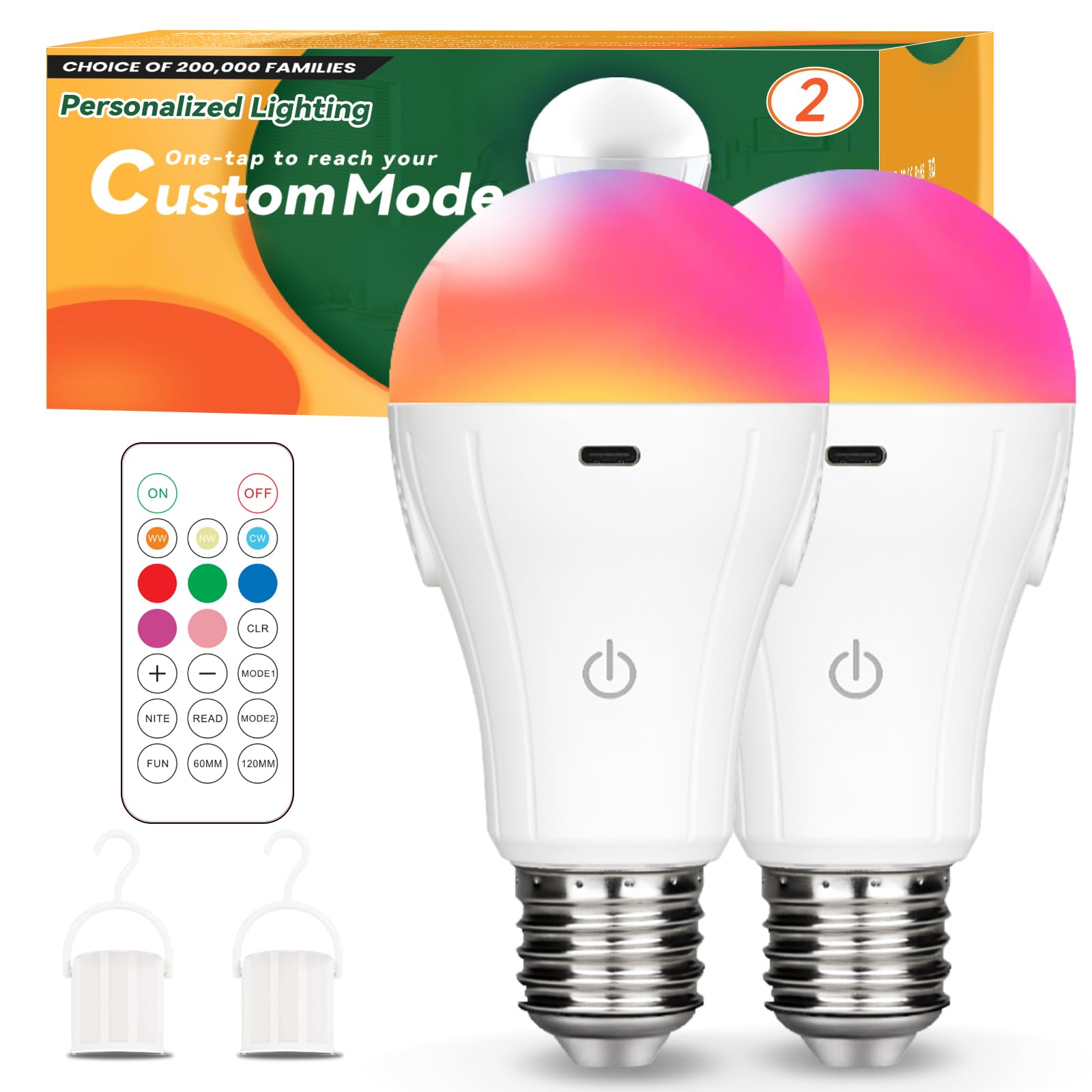 Neporal MagicGlow Rechargeable Light Bulbs with Remote, 3 Colors Shift + Dimmable Battery Powered Light Bulbs, USB Rechargeable, A19 Standard Emergency LED Light Bulbs, 15W (2, RGB, 15, Watts)