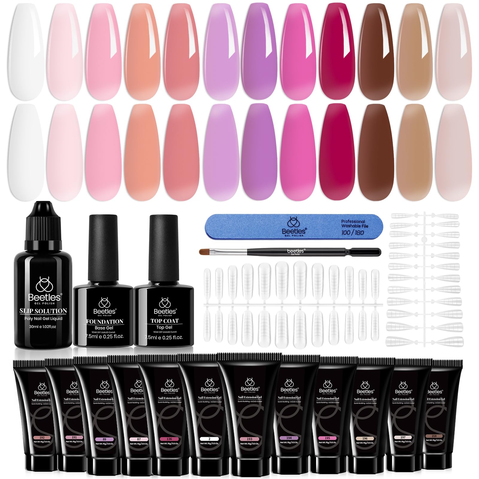 beetles Gel Polish 12 Colors Poly Nail Extension Kit Clear Jelly White Glitter Nude Pink Purple Builder Manicure Enhancement Starter Set Need Cure UV Led Nail Lamp All-in-One Basic Color Nail Art