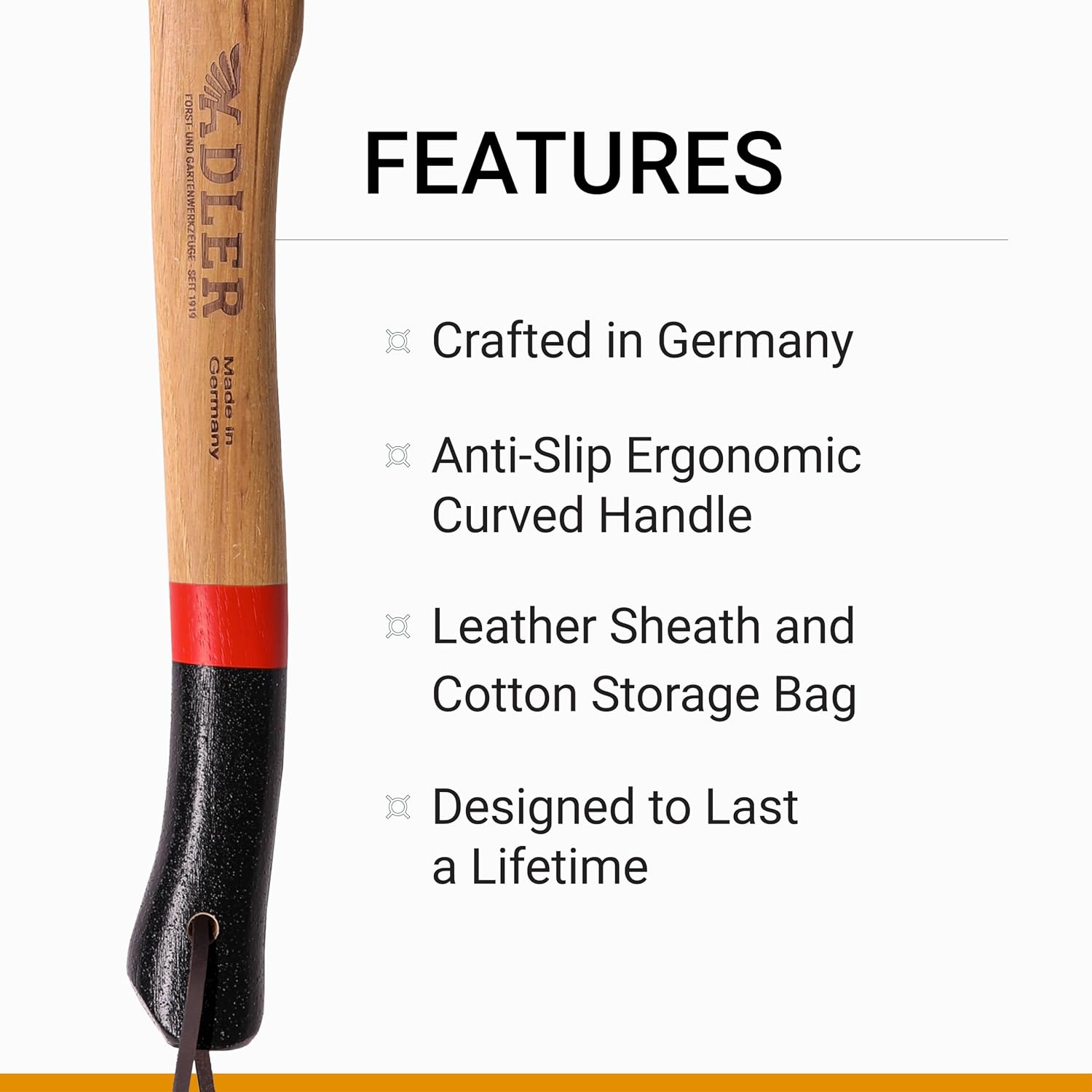 Adler Yankee Hatchet – German Forged Camping Hiking Hatchet w/ 15" Anti-Slip Hickory Handle, 1-1/2 lb Head, w/Leather Sheath & Storage Bag, Compact Bushcraft Axe for Firewood, Kindling, Carving (A5)