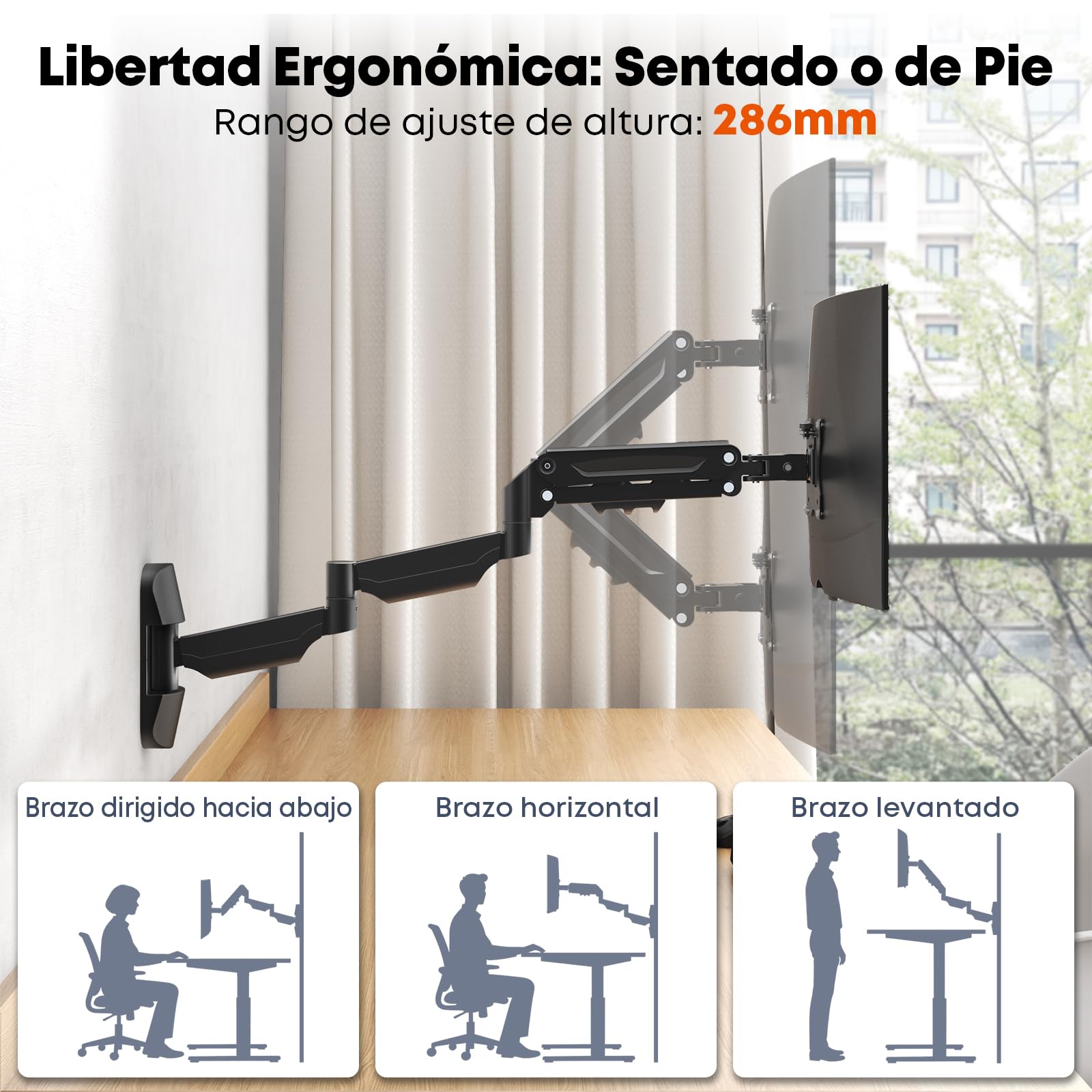 Soporte de Pared Extralargo para Monitor de 17 a 32 Pulgadas, Brazo de Pared Articulado para Monitor, Hasta 9 kg, VESA 75/100 mm, Negro