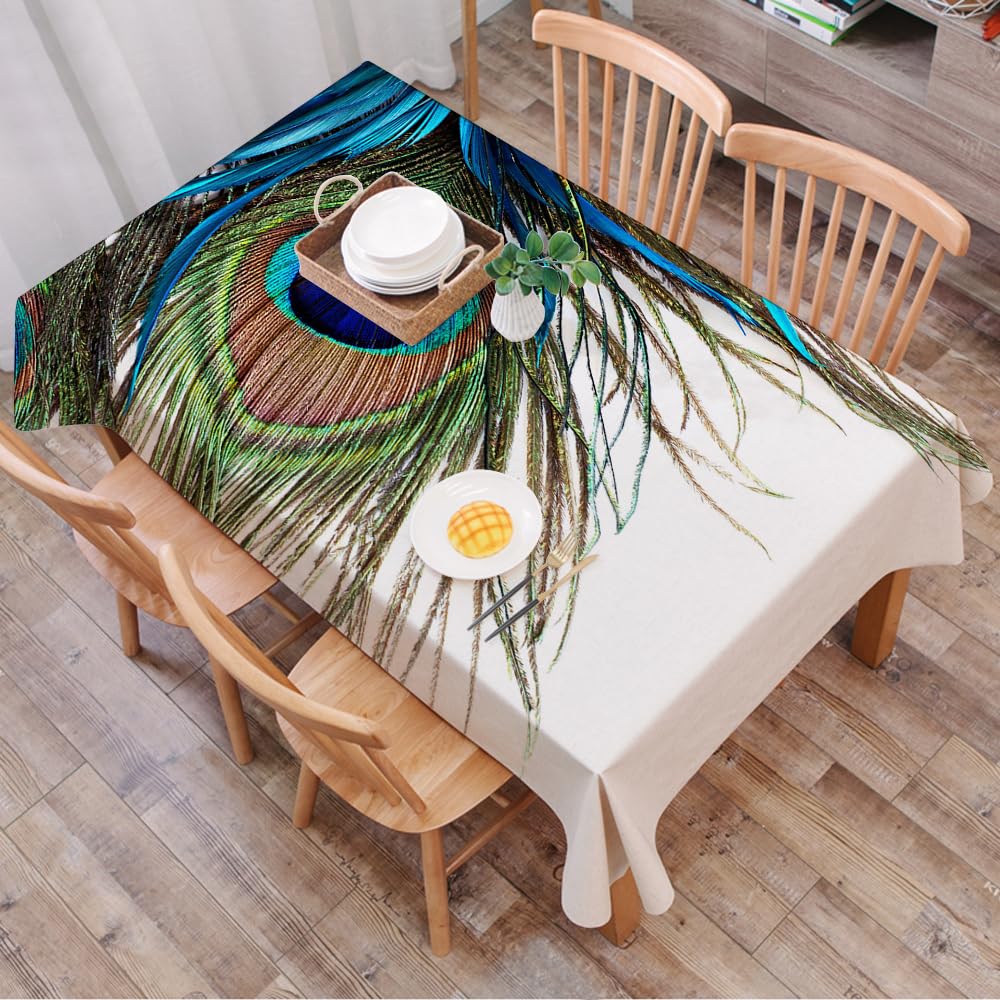DALEXHM Table Cloth Wipe Clean Rectangular, wipeable tablecloths,Dining Table Cover for Kitchen Outdoor Garden Table,Peacock feathers, exquisite, blue, green and brown eyes of peacock feathe,54x72 in