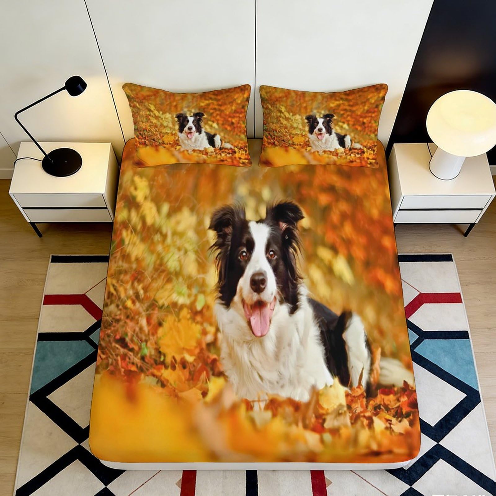 3D Printed Autumn Leaves Fitted Sheet Microfiber Soft Breathable Border Collie Mattress Cover for Bedroom Decor 90x200x25cm