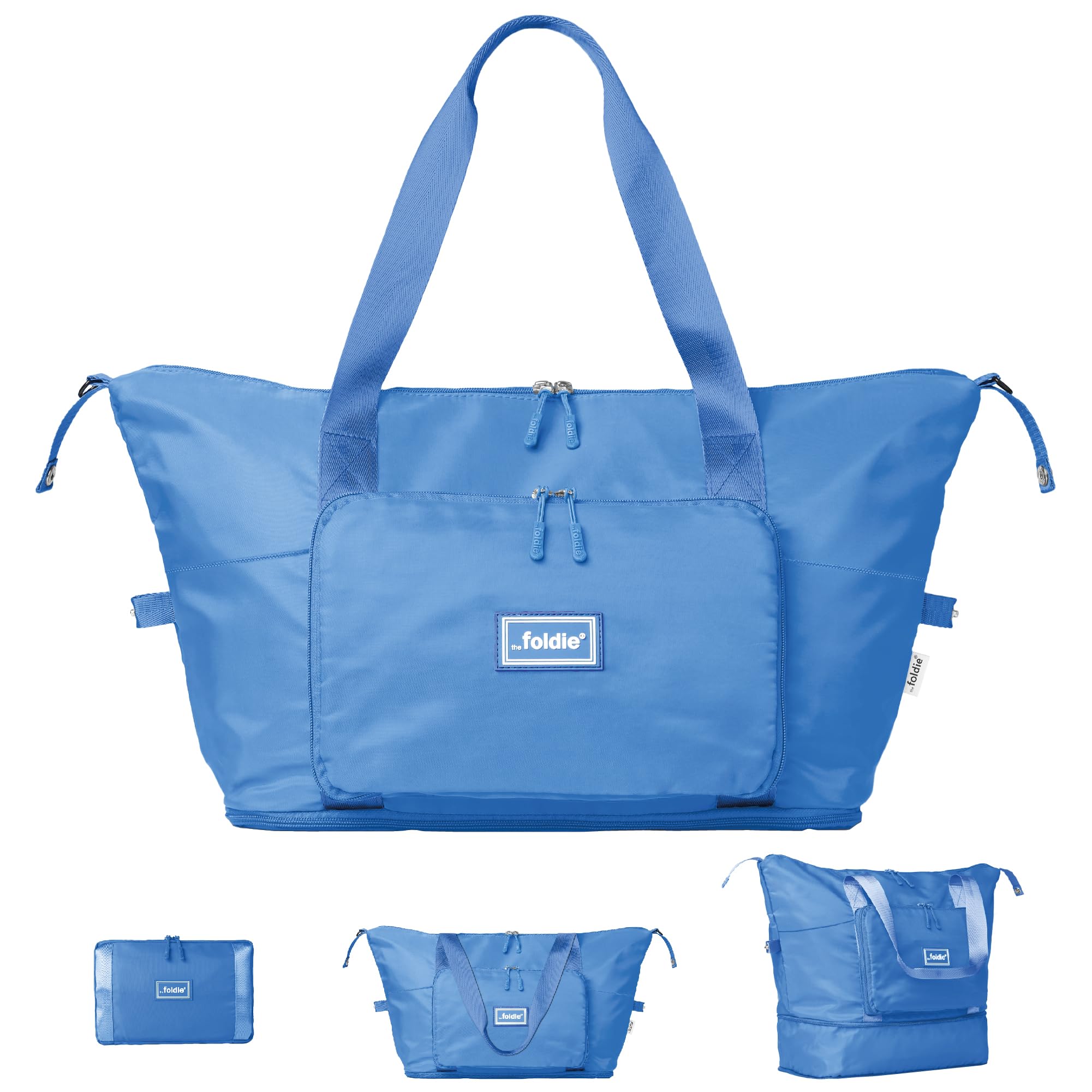 The Foldie® Foldable Travel Bag for Women [LARGE CAPACITY] - Packable & Expandable Tote Bag with Zipper - Azure