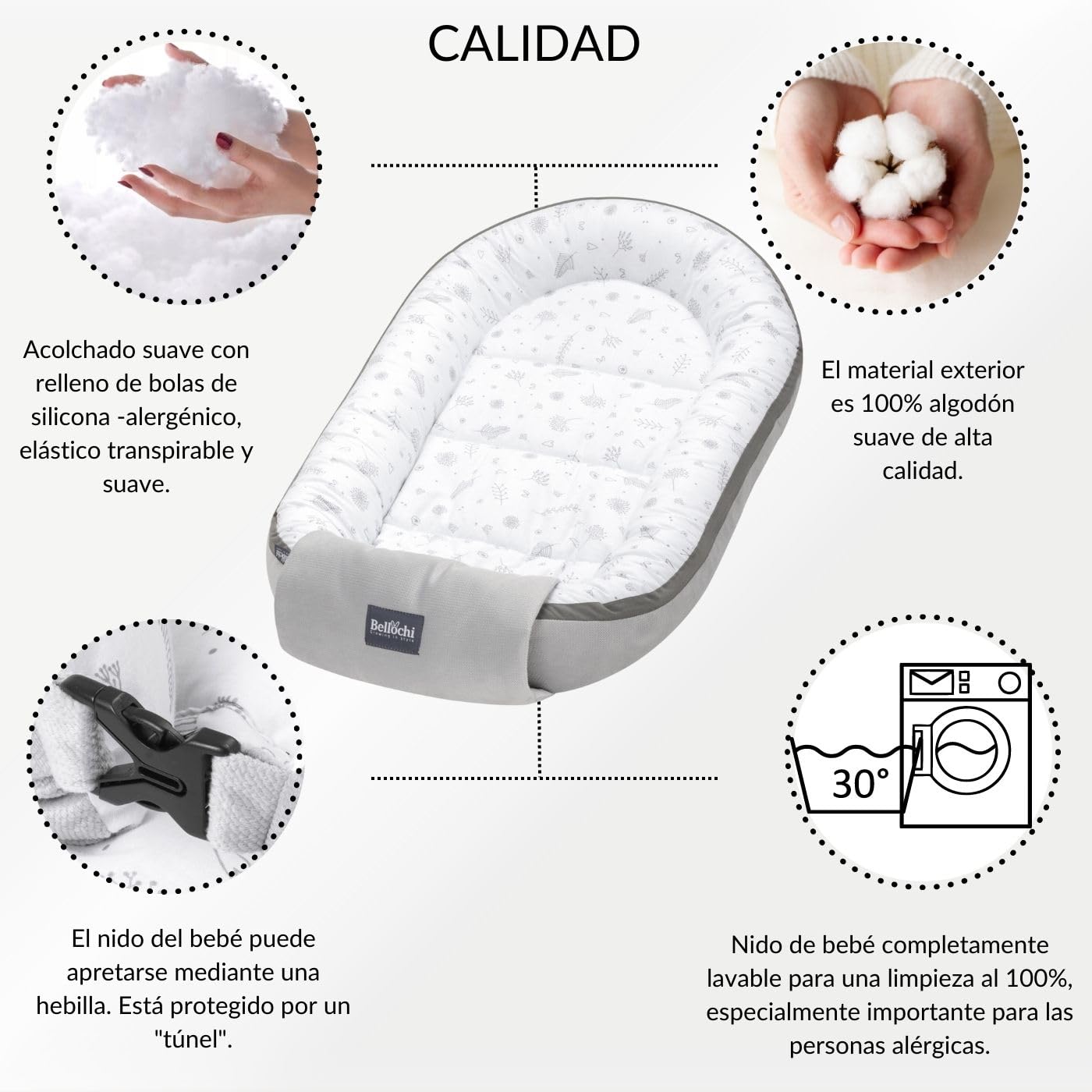Bellochi Nido Bebe Recien Nacido, Reductor de Cuna Nido para Bebe - 100% Algodón - OEKO-TEX Certificado - 90x60x12cm con Bordes Protectores - Copse