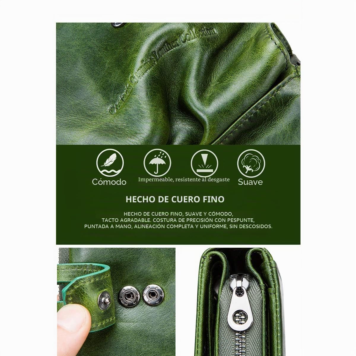 Contacts Cartera identificación Cuero Real Las Mujeres Titular la Moneda Cremallera Monedero Embrague