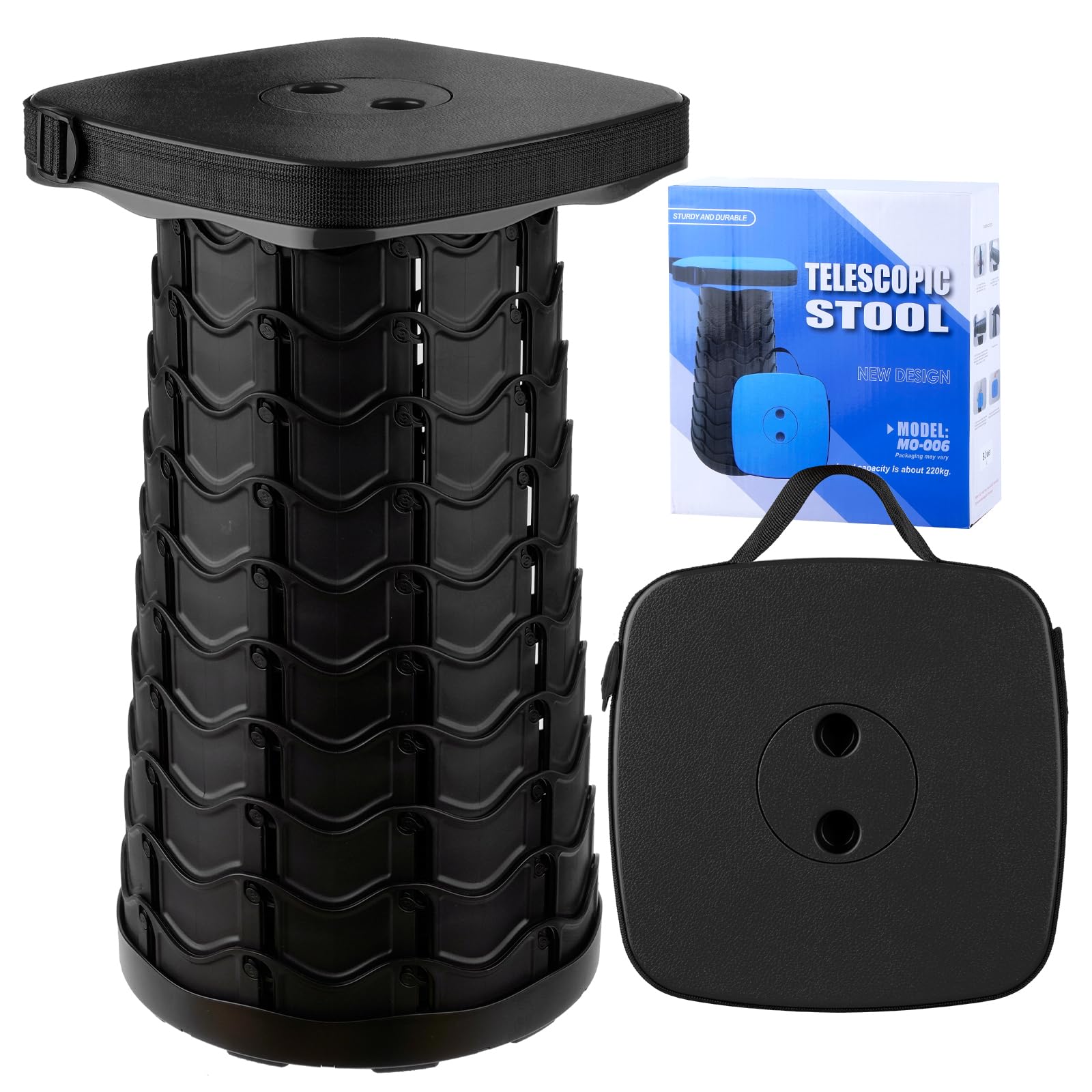 Taburete Plegable Portatil, Taburete Telescópico, Retráctil, Silla Portatil Ligera para Viajes, Pesca, Senderismo y Camping, Carga Máxima 485LBS/220KG, Negro