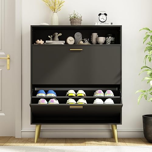 Miniatura 45 de Armario de almacenamiento de zapatos para entrada, delgado y estrecho con 2 cajones abatibles, organizador de zapatos oculto independiente, gabinete