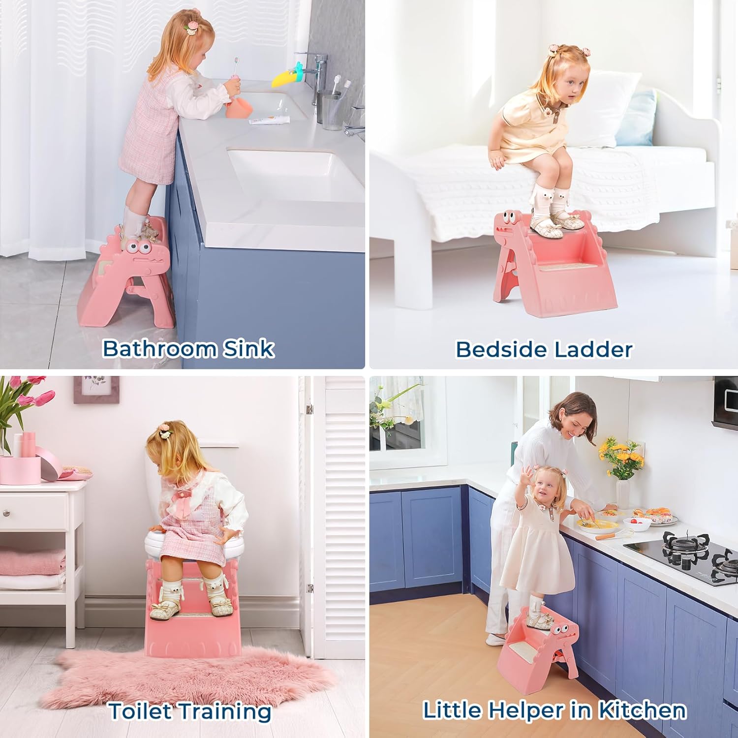 Onasti Toddler Step Stool Foldable Kids Step Stool,Bathroom Stool for Toddlers Non-Slip Toddler Step Stool for Bathroom Sink and Kitchen Counter with Cute Dinosaur Design(Pink)