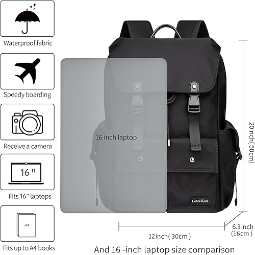 Miniatura 7 de Mochila negra para hombre, mochila para laptop de 16 pulgadas con compartimento para computadora, mochila delgada e impermeable con cordón para