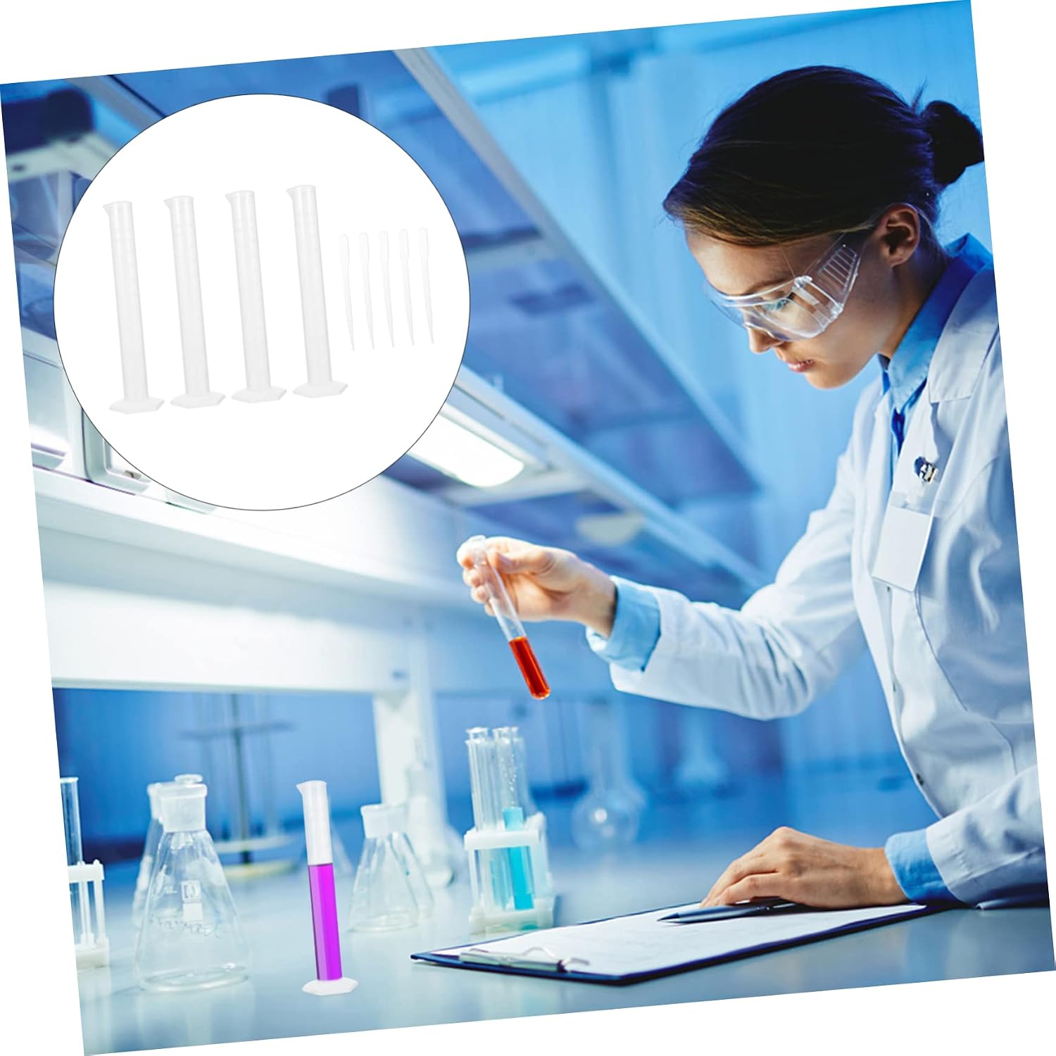 Alipis Graduated Cylinder Measuring Kit 4 x 100ml Cylinders with 5 x 3ml Droppers Lab Equipment for Chemistry Students and Professionals Plastic for Accurate Measurements