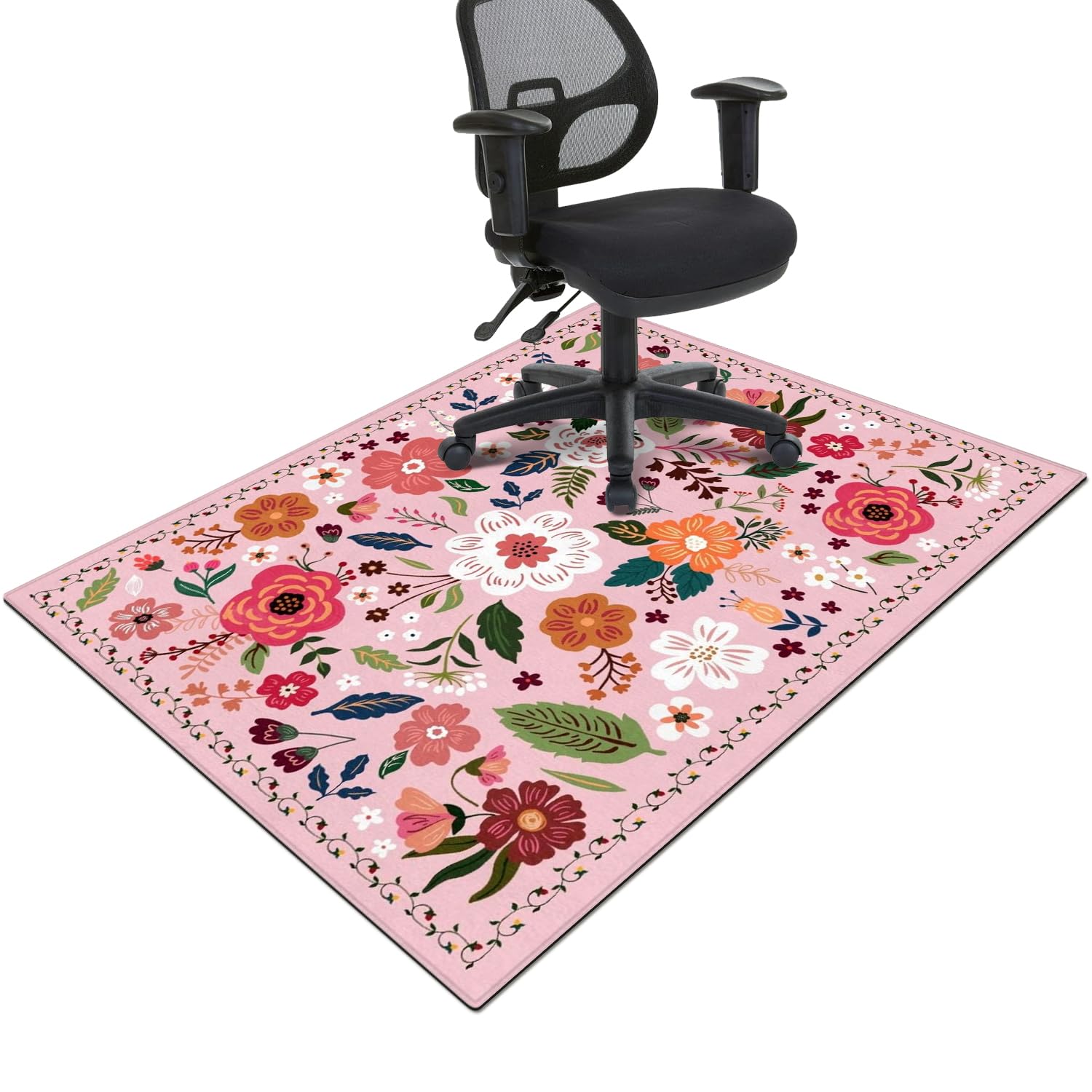 Office Chair Mat for Hardwood &amp; Tile Floor,Boho Floral 60"x48" Office Computer Chair Mat for Rolling Chairs,Under Desk Non Slip Gaming Rug,Rubber Backing Large Low-Pile Carpet Protector Mat(Pink)