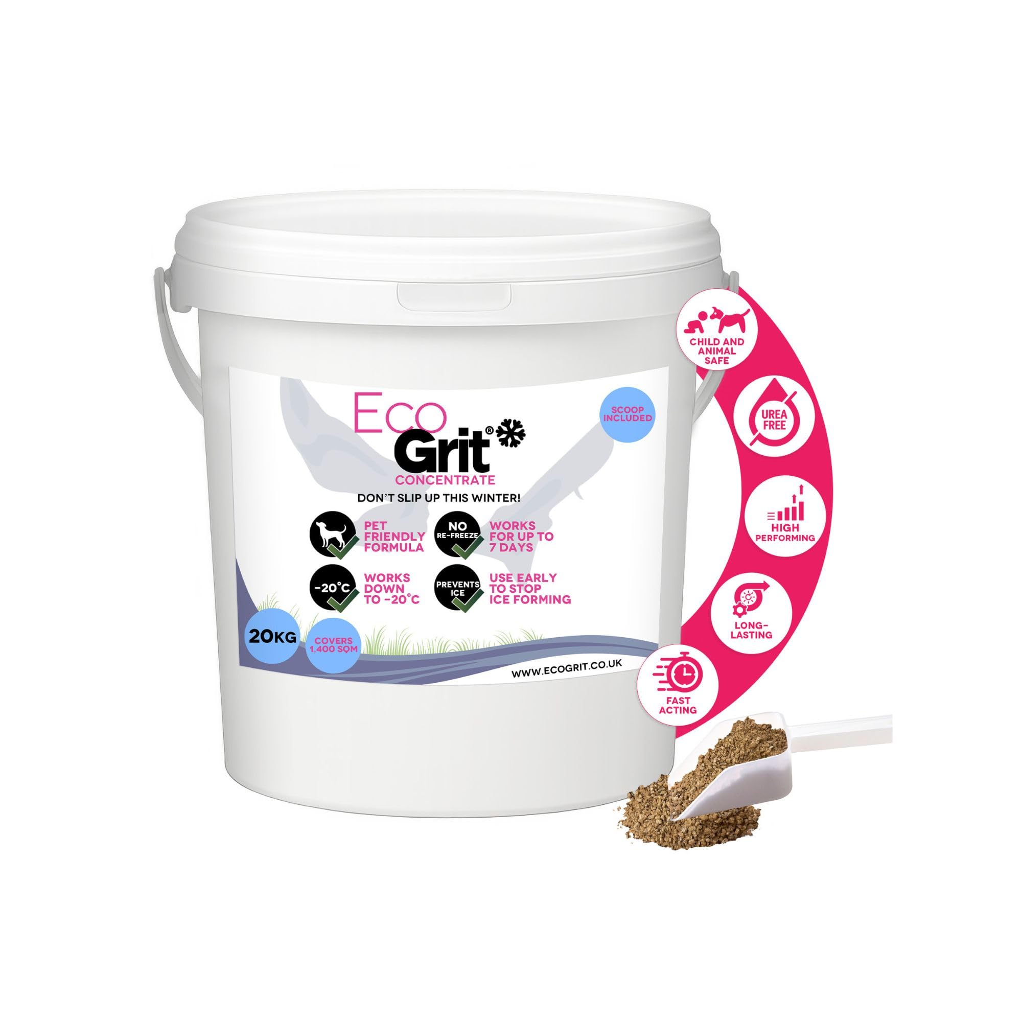 Ice Melt Salt for Snow Grit De Icing Rock Salt Road Alternative (20kg Bucket + Scoop) UK Made - Pet Friendly Road Grit, No Urea De Icing Driveway, Snow Removal, Car Parks, Stables Quick Ice Melt
