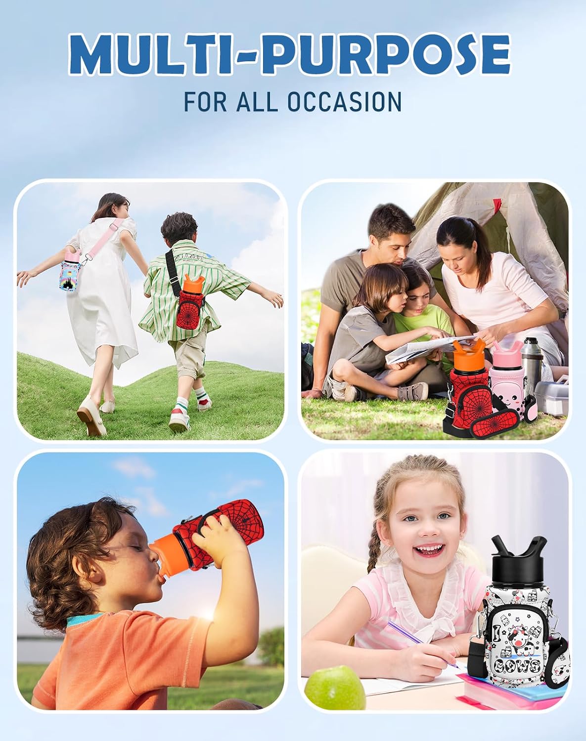 Kids Water Bottle Carrier, 10-18 Oz | Strap Carry, Bottle Sleeve for Stainless or Glass Bottles, Neoprene Insulation, School Crossbody Holder, Boys Girls Patterns