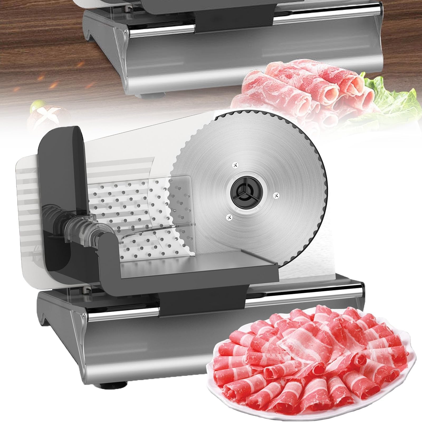 Electric Meat Slicer, 500w Bread Slicer with Adjustable Thickness 1-15mm and 19cm Stainless Steel Serrated Blade, Meat Slicer Machine for Home and Cheese/Cold Cuts, Commercial Use