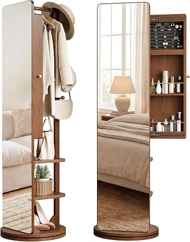 69" H×20" W Solid Wood Mirror Jewelry Cabinet with 360° Swivel, Full Length Mirr
