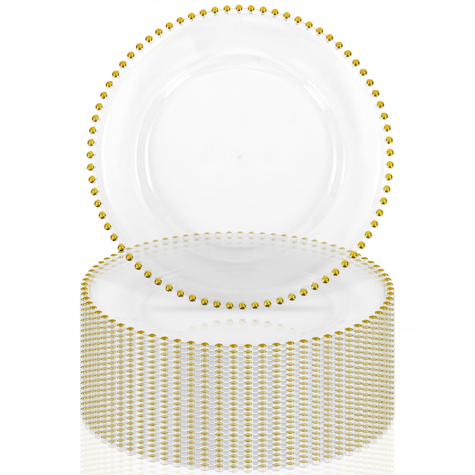 24 Pack Clear Charger Plates With Gold Beaded Rim, 13 Inch Acrylic Round Plate Chargers for Dinner, Plastic Decorative for Table Setting, Wedding, Party, Event (Gold)