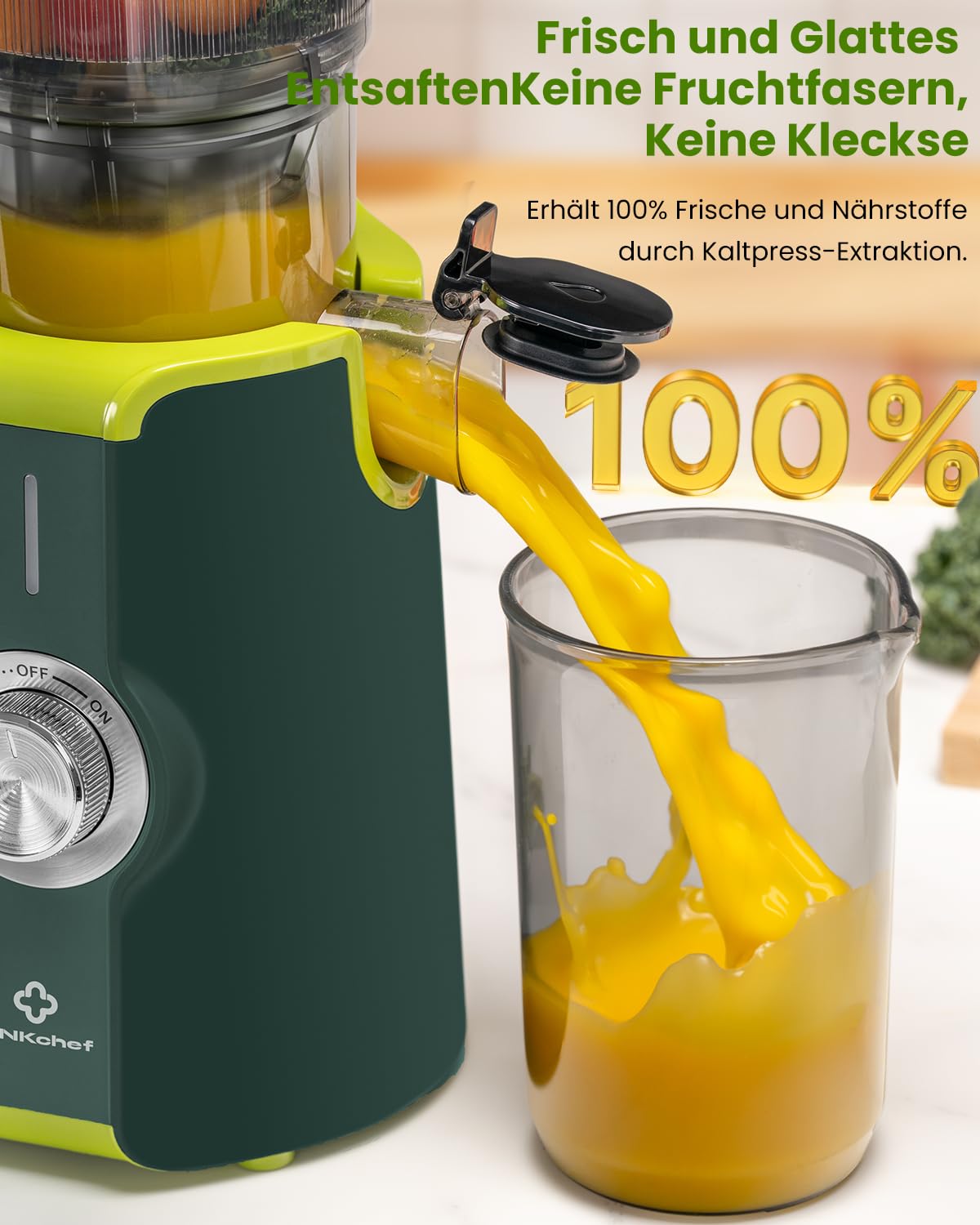 LINKChef Entsafter Slow Juicer, 115 mm Große Einfüllöffnung für Entsafter Gemüse und Obst Testsieger, Kaltentsafter 200W, BPA-frei, Einfach zu Reinigen und Montieren, Grün