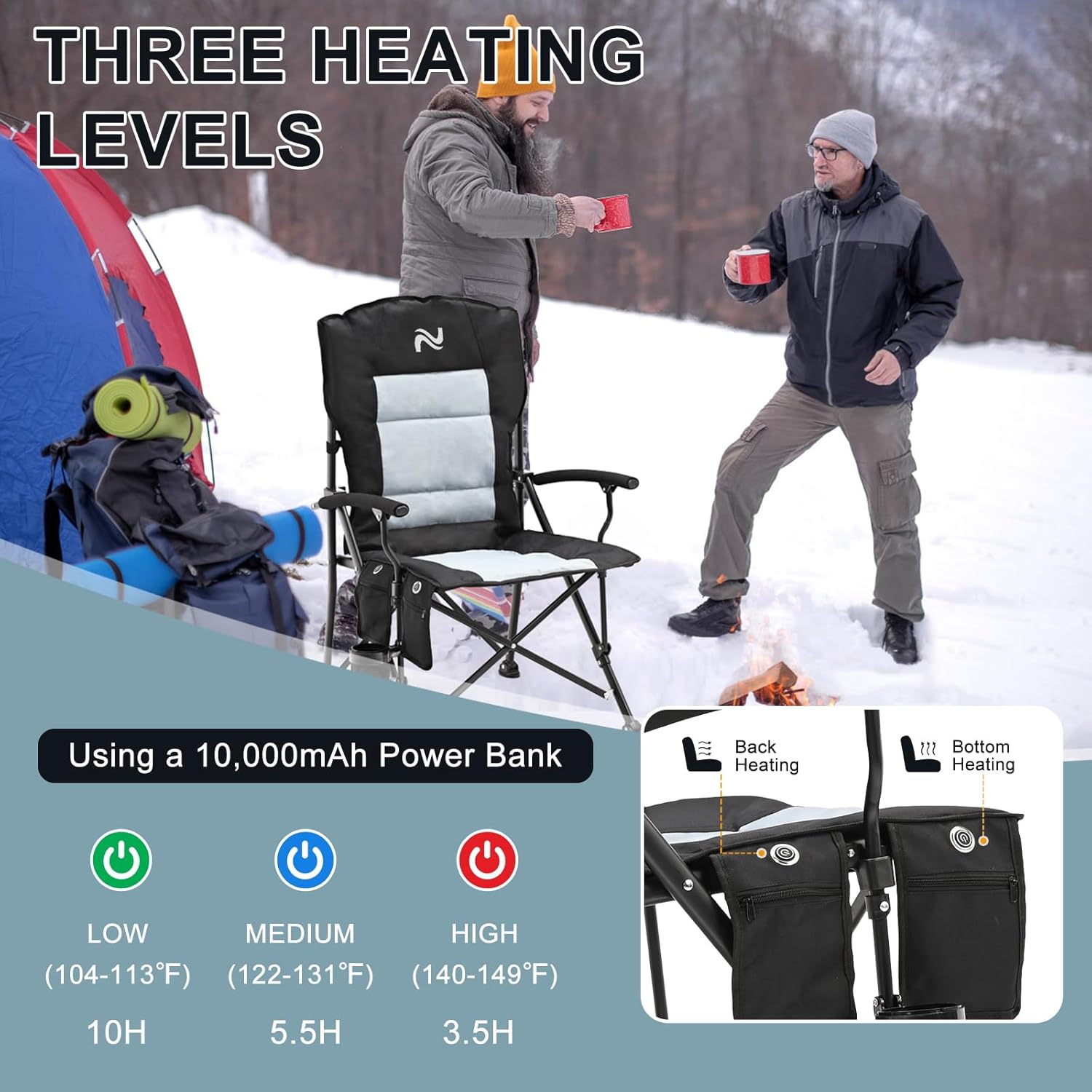 MOPHOTO Heated Camping Chair, Portable, Modern, Black, Solid, Outdoor, Adult, 500lbs, 23.6"D x 2"W x 39.4"H, Alloy Steel & Polyester, USB Heated, Foldable, Patio Garden, Ideal for Camping