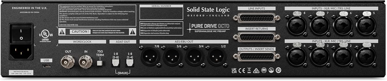 Tua view of the Solid State Logic PureDrive Octo, showing XLR, D-Sub, ADAT, AES/EBU, Wordclock, and USB connections.