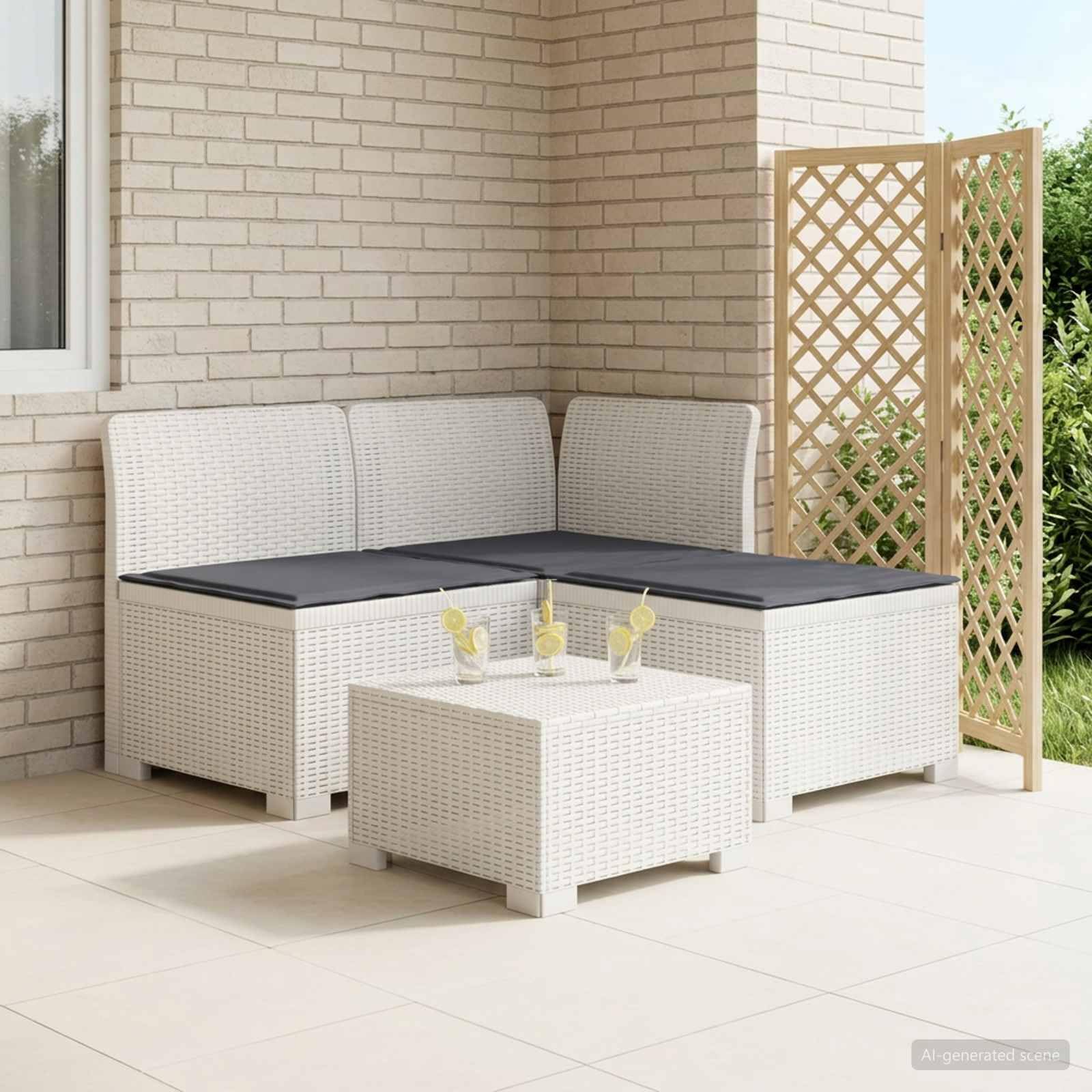 Sofá de jardín de 3 plazas con cojines en color blanco, aspecto de ratán PP, resistente a la intemperie y a los rayos UV, para terraza, balcón, jardín de invierno y exterior para relajarse