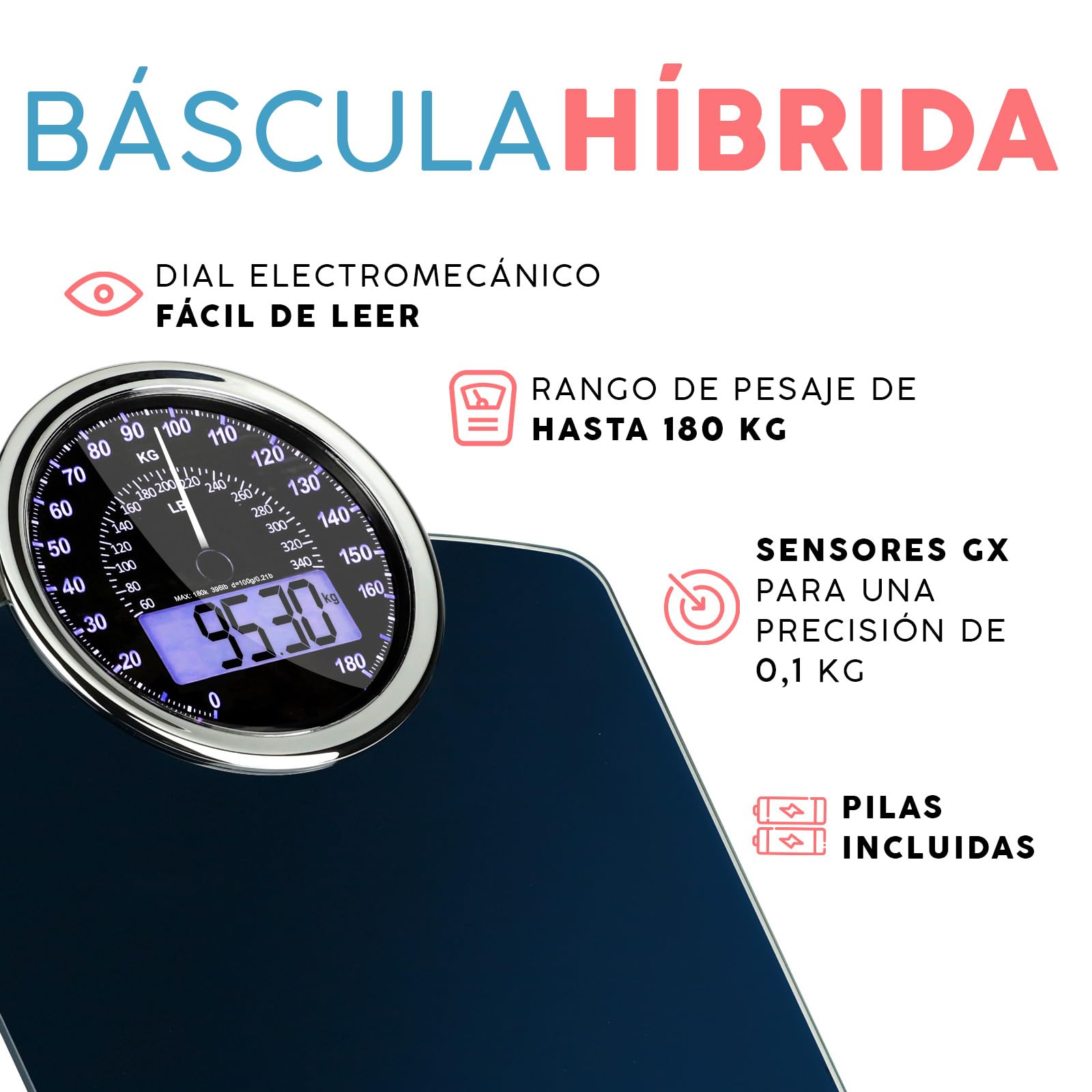 Hybrid Báscula de Baño - Analógica & Digital, Precisa hasta 180 kg | Vea su peso en el cuadrante analógico y LCD a la vez. Plataforma ancha, 3 pilas AAA incluidas, lista para usar.